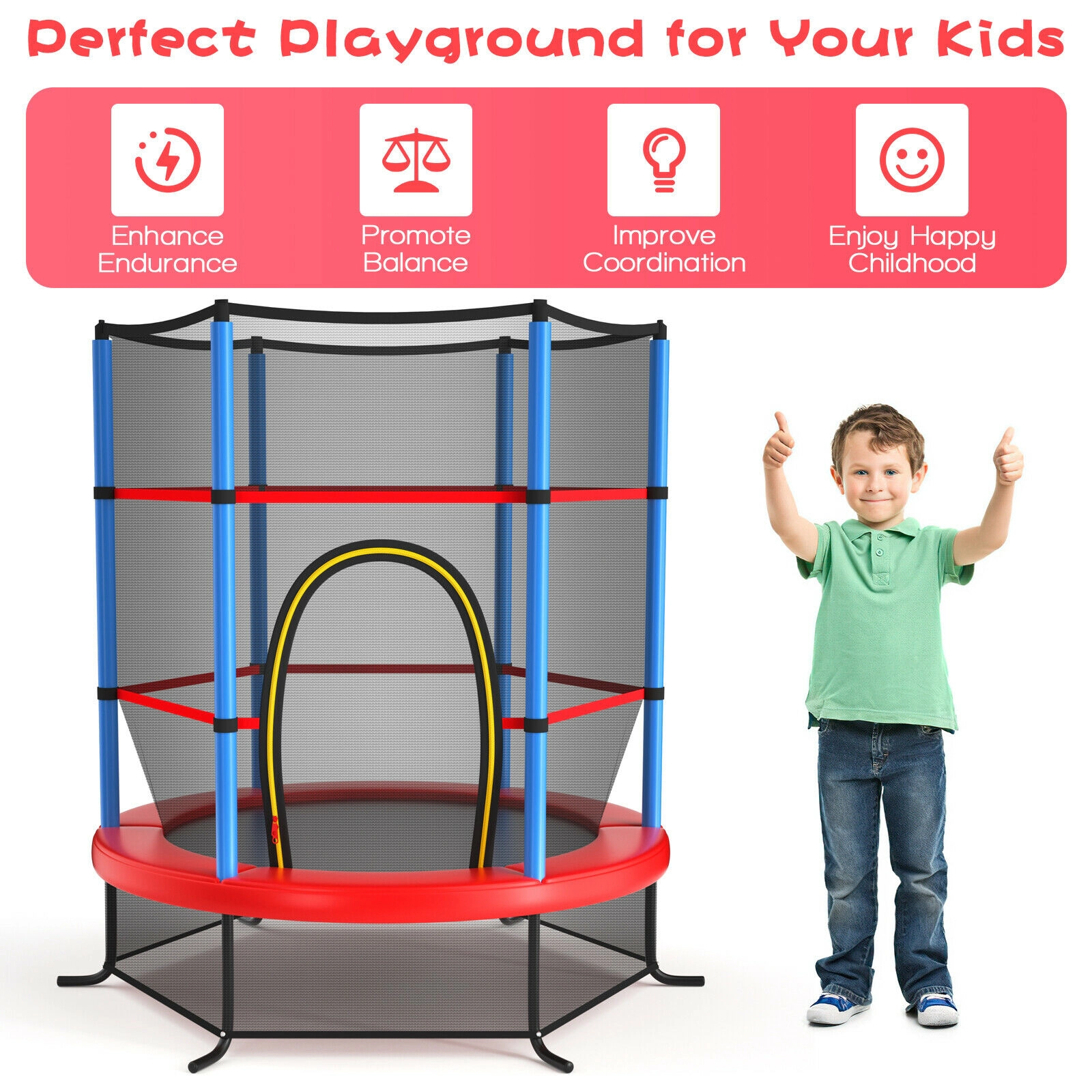 SUGIFT Kids Recreational Trampoline with Enclosure Net 300-lb Capacity Navy Jump Pad with Zippered Door & L-Shaped Legs