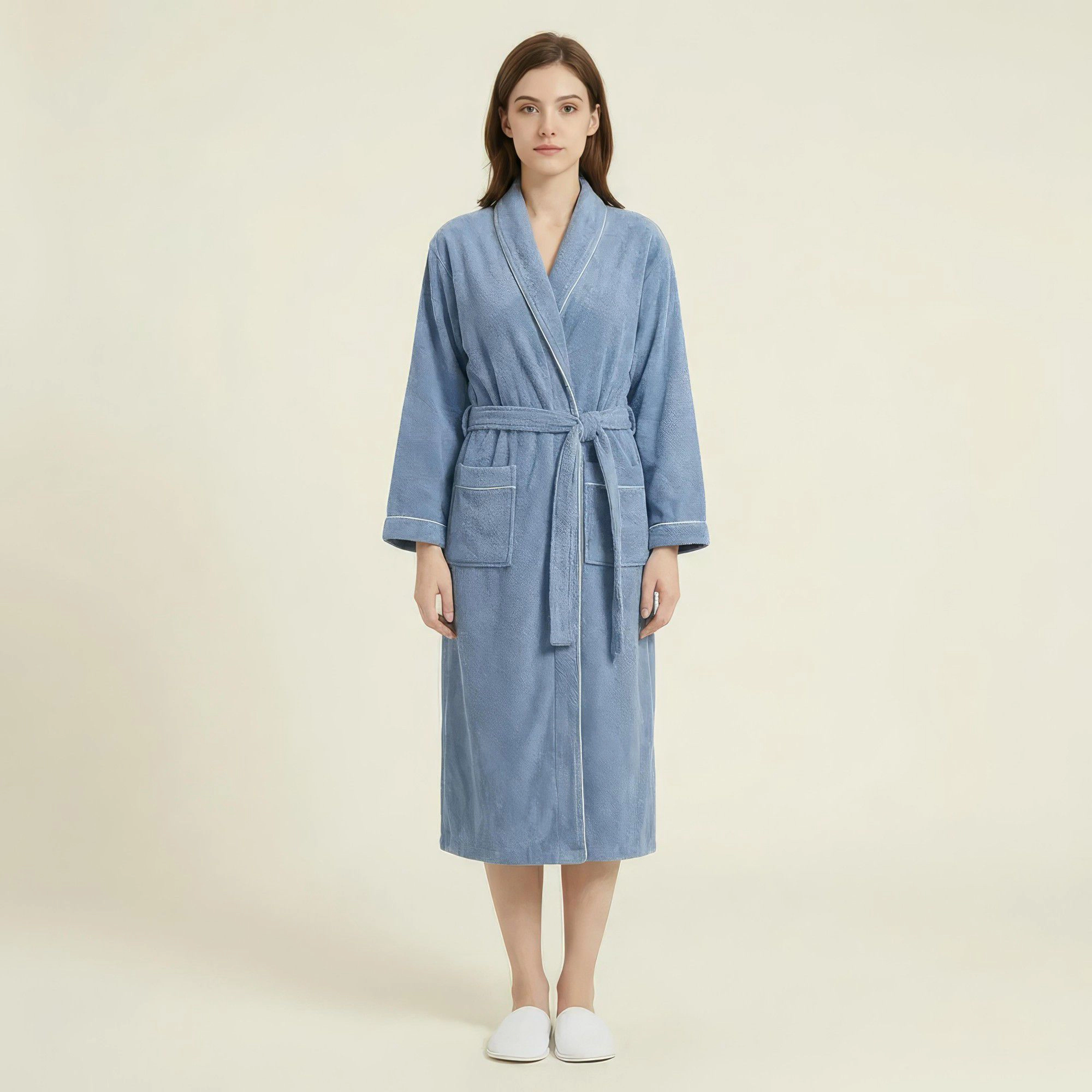 Anna-Kaci Women's Long Plush Robe with Shawl Collar Tie Waist Belt Front Pockets Soft Fleece