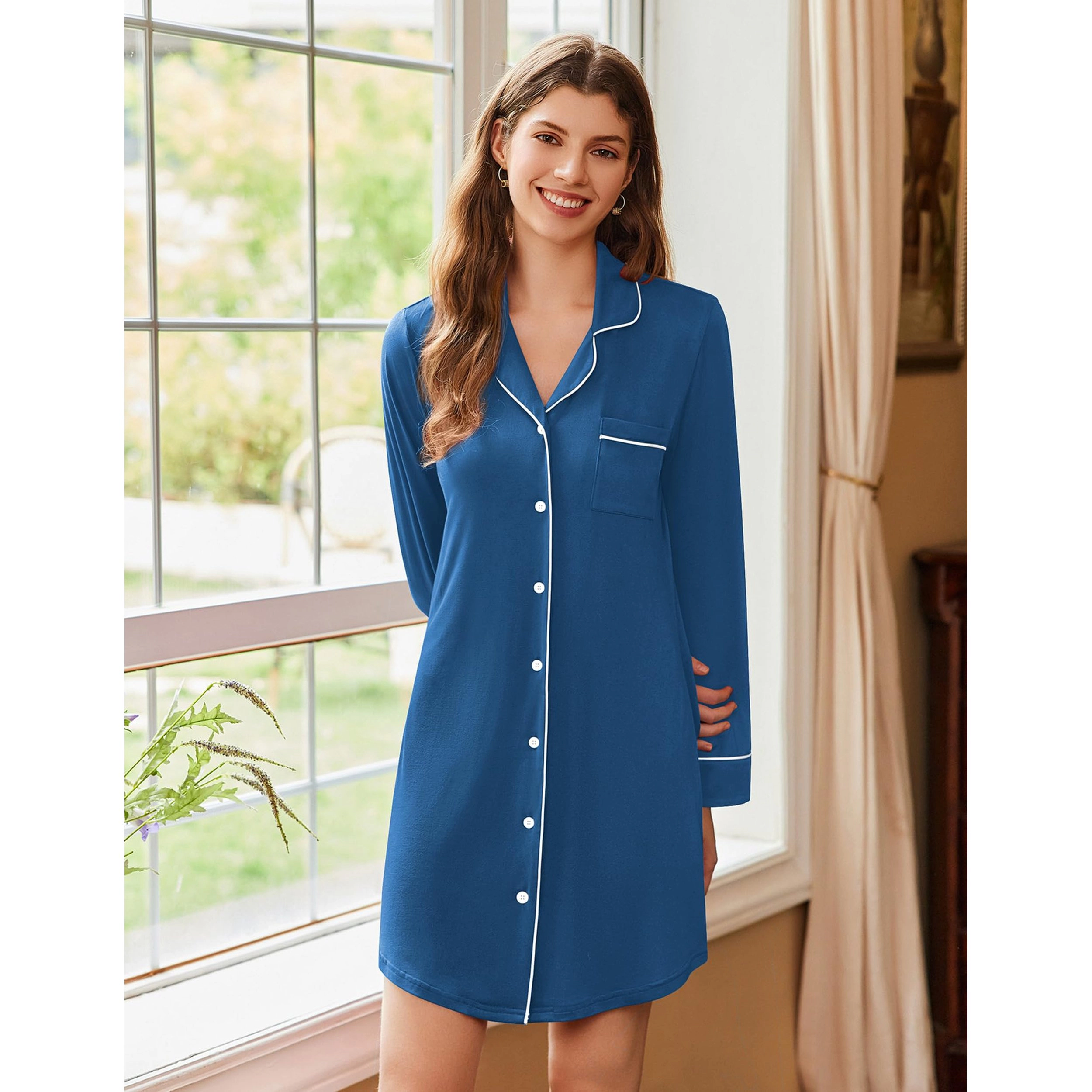 Ekouaer Nightgowns for Women Button Down Sleepshirt Long Sleeve Nightshirt Nursing Sleepwear