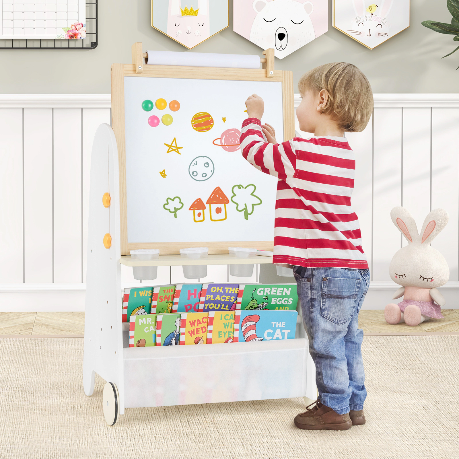 4-in-1 Toddler Art Easel and Activity Table Set with Stool Magnetic Whiteboard Chalkboard 10-ft Paper Roll Natural