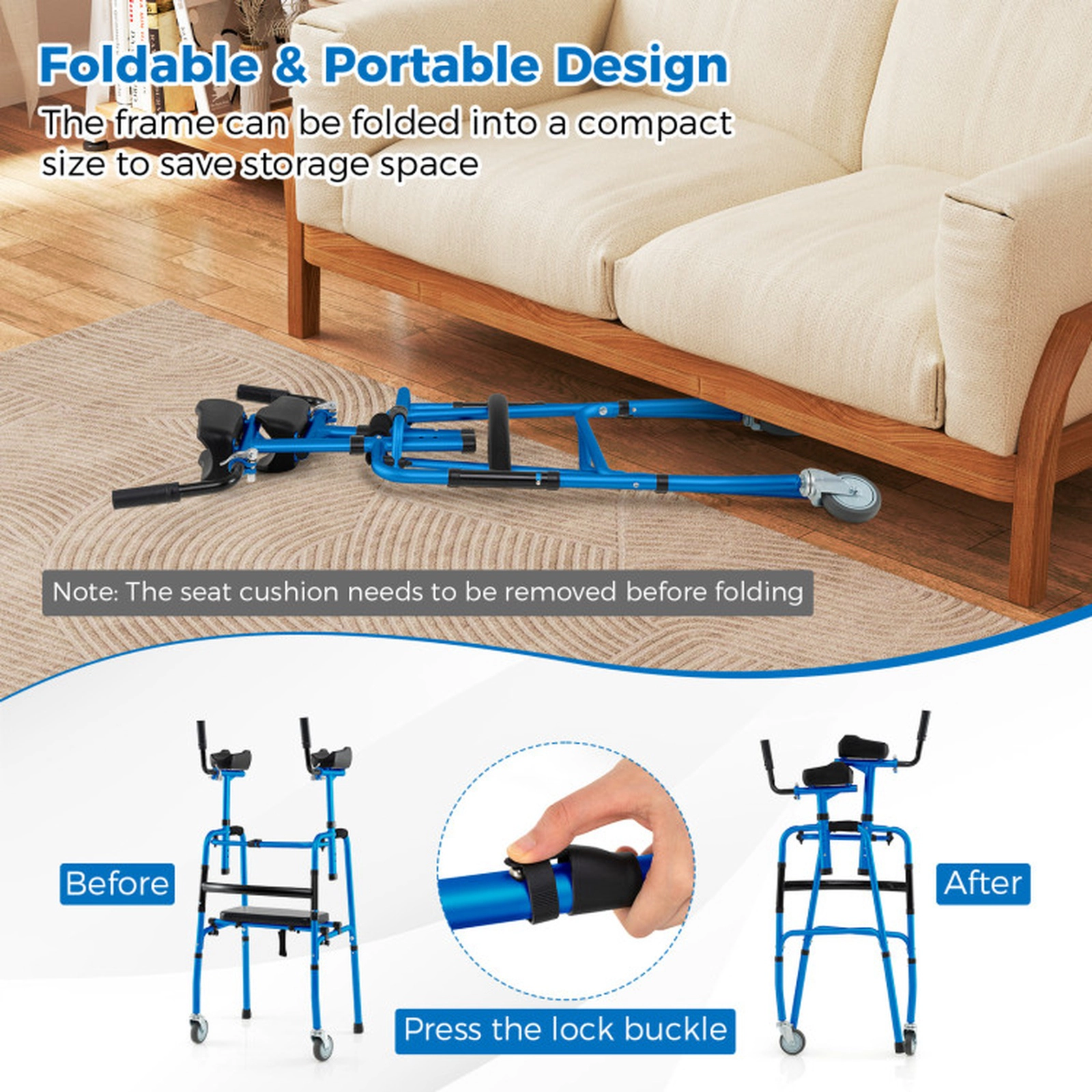 SUGIFT Versatile Rolling Walker with Flip-Up Seat and Adjustable Armrests 450-lb Capacity Silver Navy