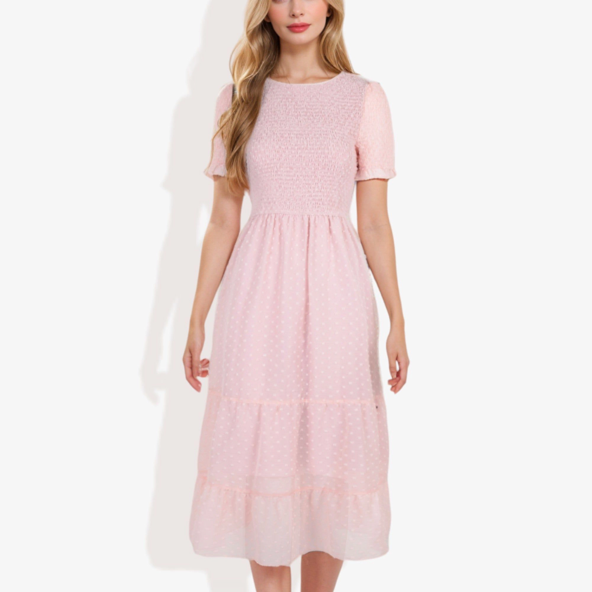Anna-Kaci Women's Short Sleeve Smocked Dress with Swiss Dot and Ruffle Hem