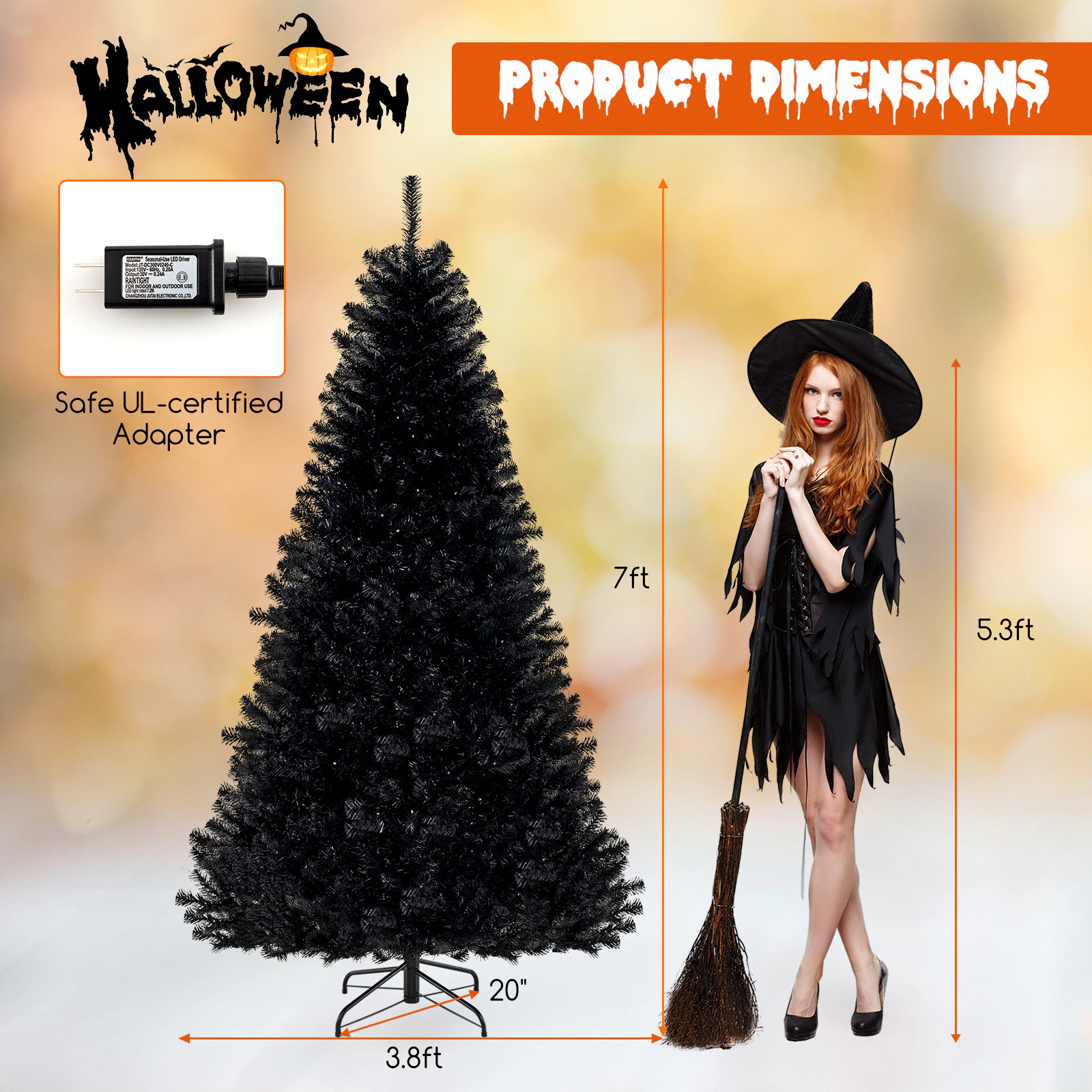 SUGIFT 7 ft Black Halloween Tree Pre-Lit Artificial Tree with 380 LED Lights Sounds and Sensor