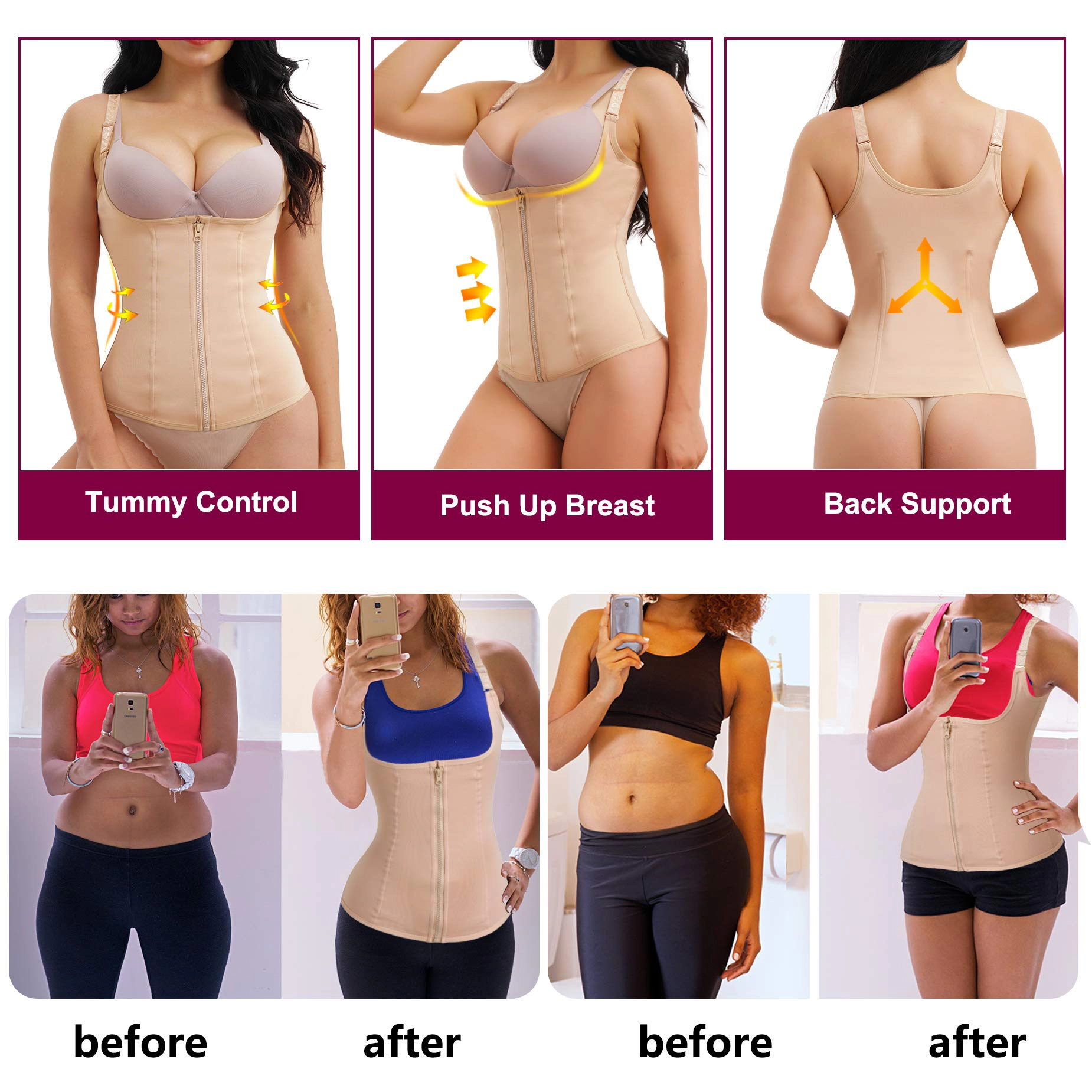Nebility Women Adjustable Strap Zipper Shapewear Waist Trainer Tank Top
