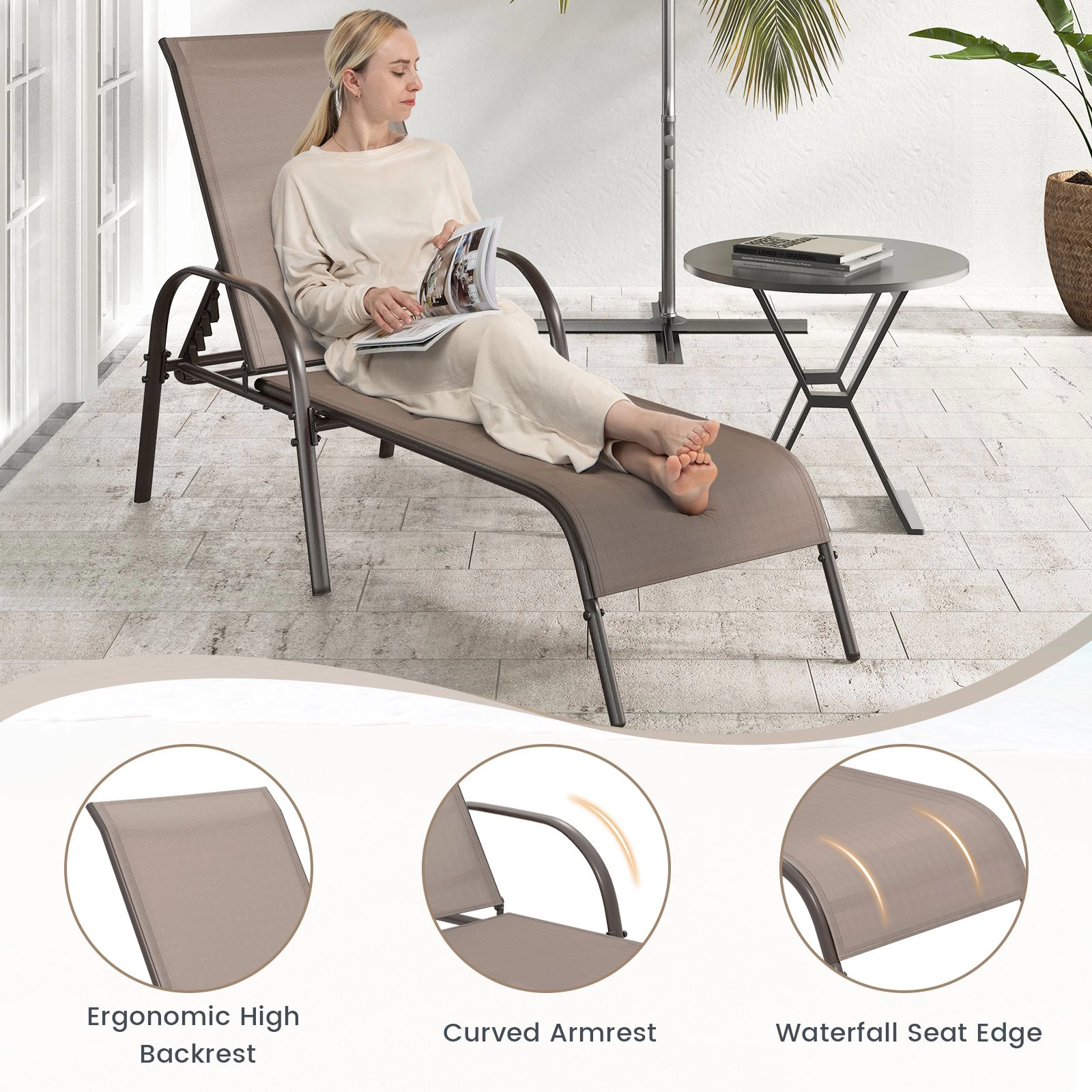 SlickBlue Outdoor Reclining Lounge Chair with Steel Frame and Breathable Fabric Seat 2 Pieces