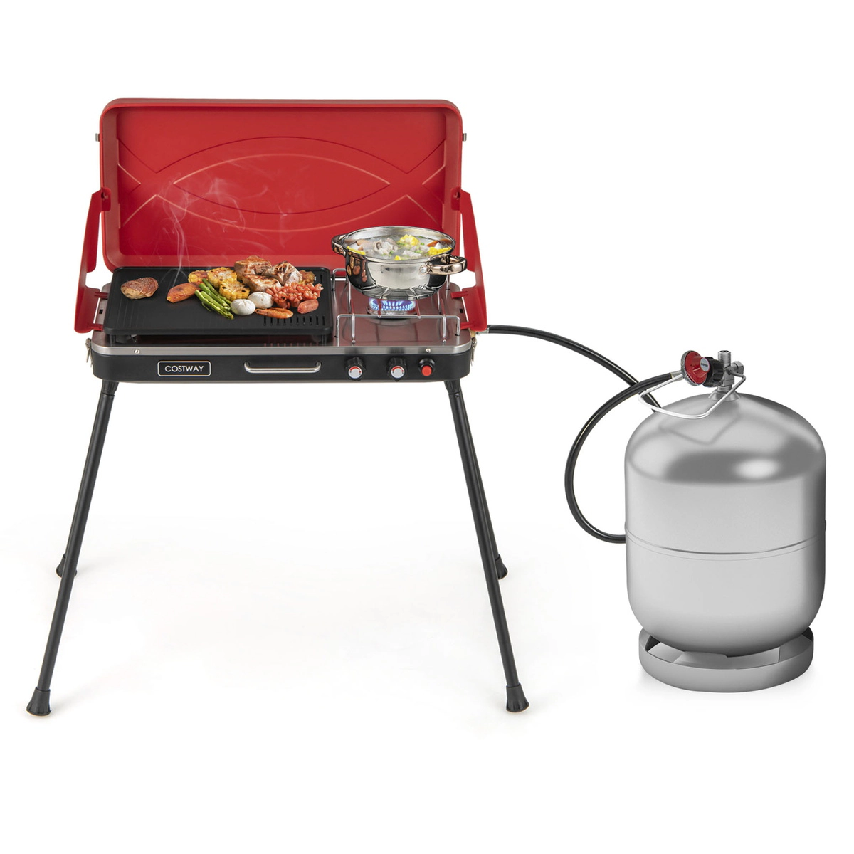 SUGIFT 2-in-1 Red Gas Camping Grill and Stove with Dual Burners Removable Grease Collector and 4 Legs
