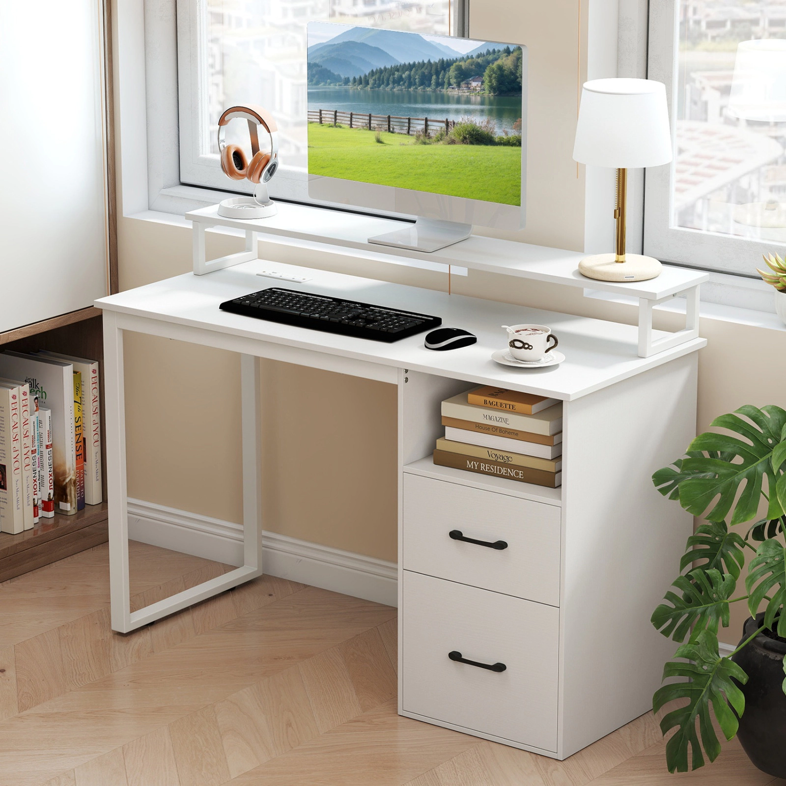 SUGIFT Modern Computer Desk with Power Outlets and File Drawer 135-lb Tabletop Capacity with Monitor Stand White
