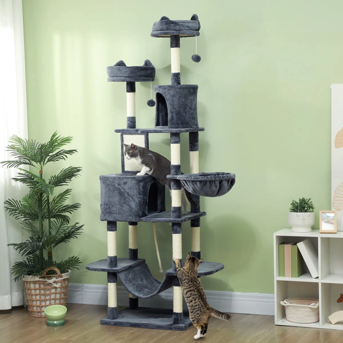 212 Main Paw Hut 81 in. Cat Tree with Cat Scratching Posts - Gray
