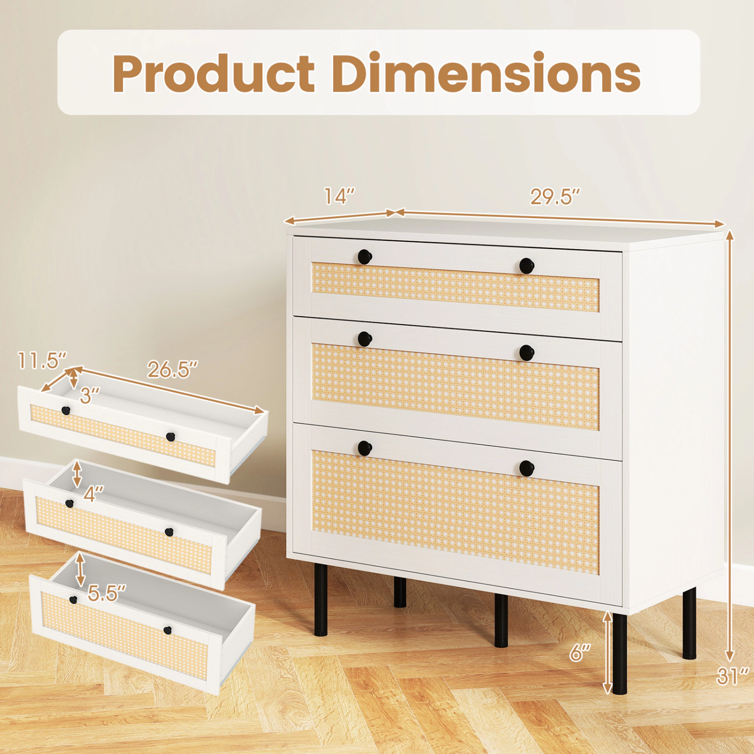 LJG 3-Drawer Rattan Nightstand Boho Chest of Drawers for Bedroom