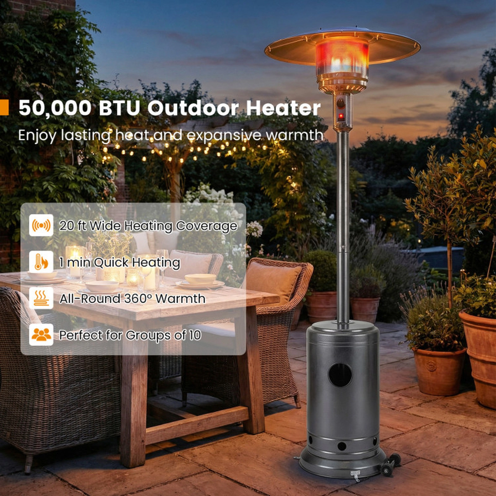 SUGIFT Gray Propane Patio Heater with Stainless Steel Burner and 20-ft Heat Range 50000-BTU 32.5-in W 86-in H