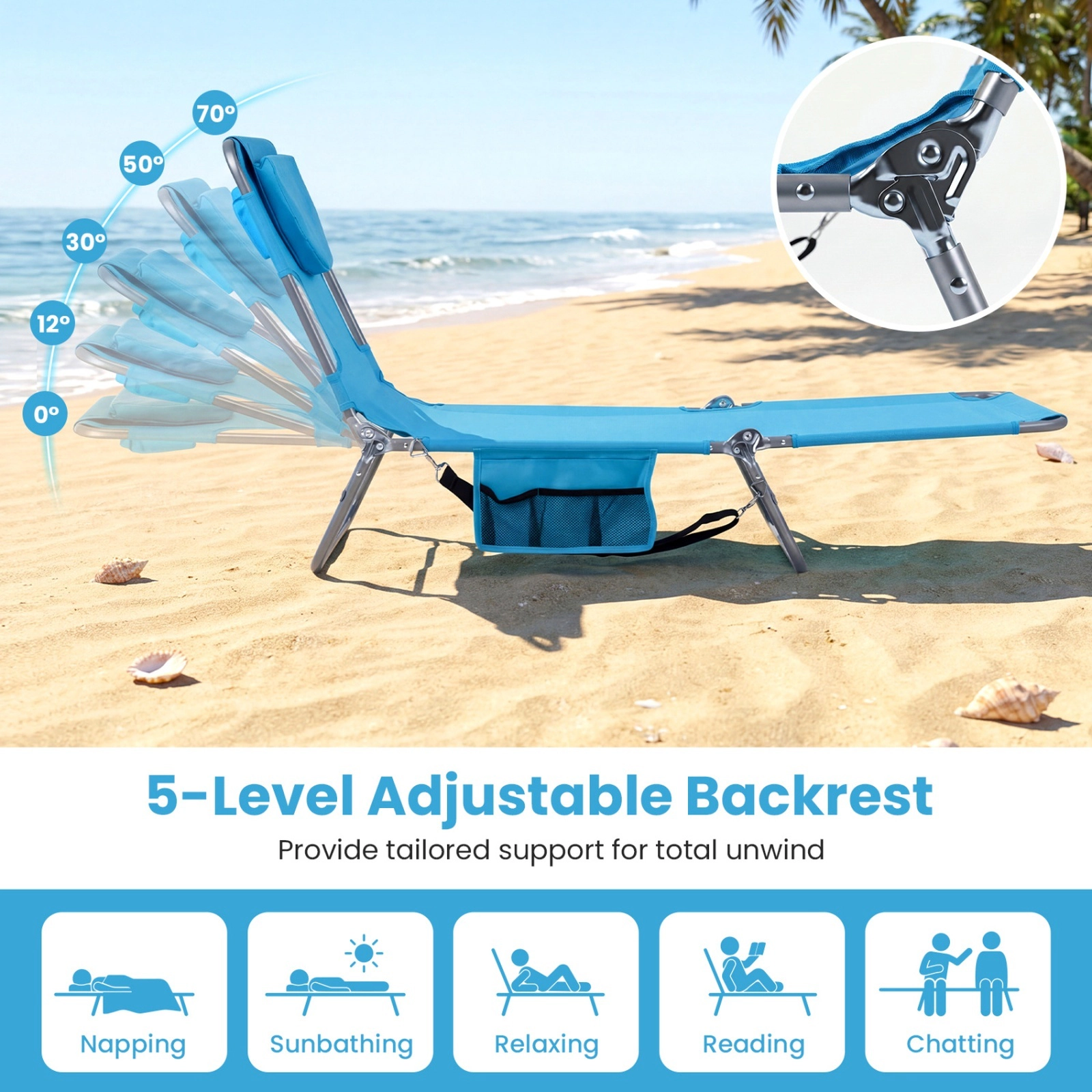 SUGIFT Turquoise Folding Beach Lounger Chair, 5-Position Backrest, Face and Arm Holes