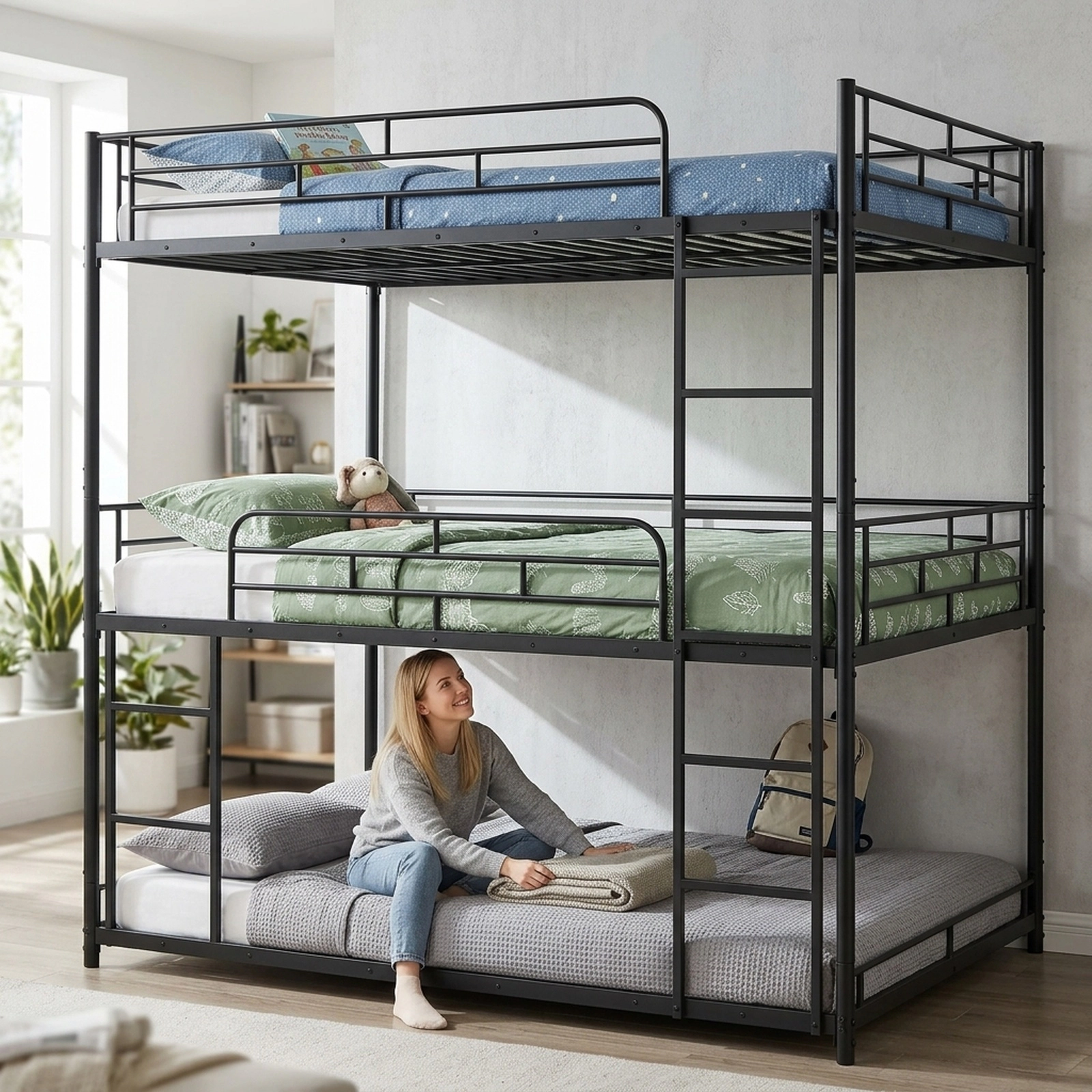 SUGIFT Metal Triple Bunk Bed, Full Size, Black, 2 Ladders and Guardrails