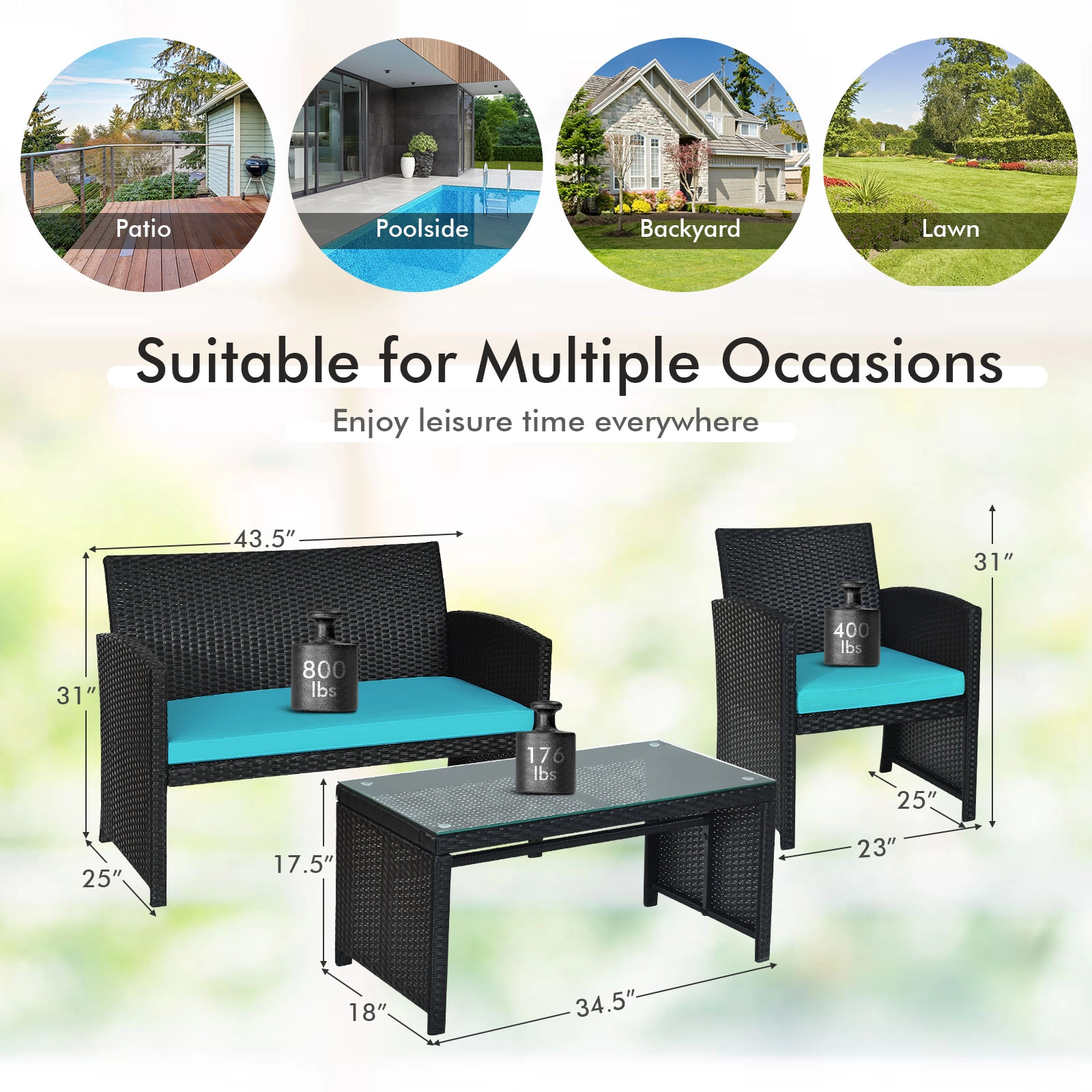 SUGIFT 4-Piece Black Patio Conversation Set with 43.5-Inch Loveseat, 2 Armchairs and Glass Table