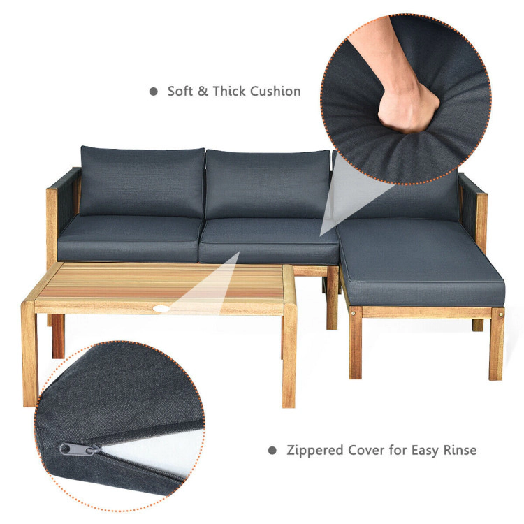 Hivvago 3 Pieces Patio Acacia Wood Sofa Furniture Set With Nylon Rope Armrest