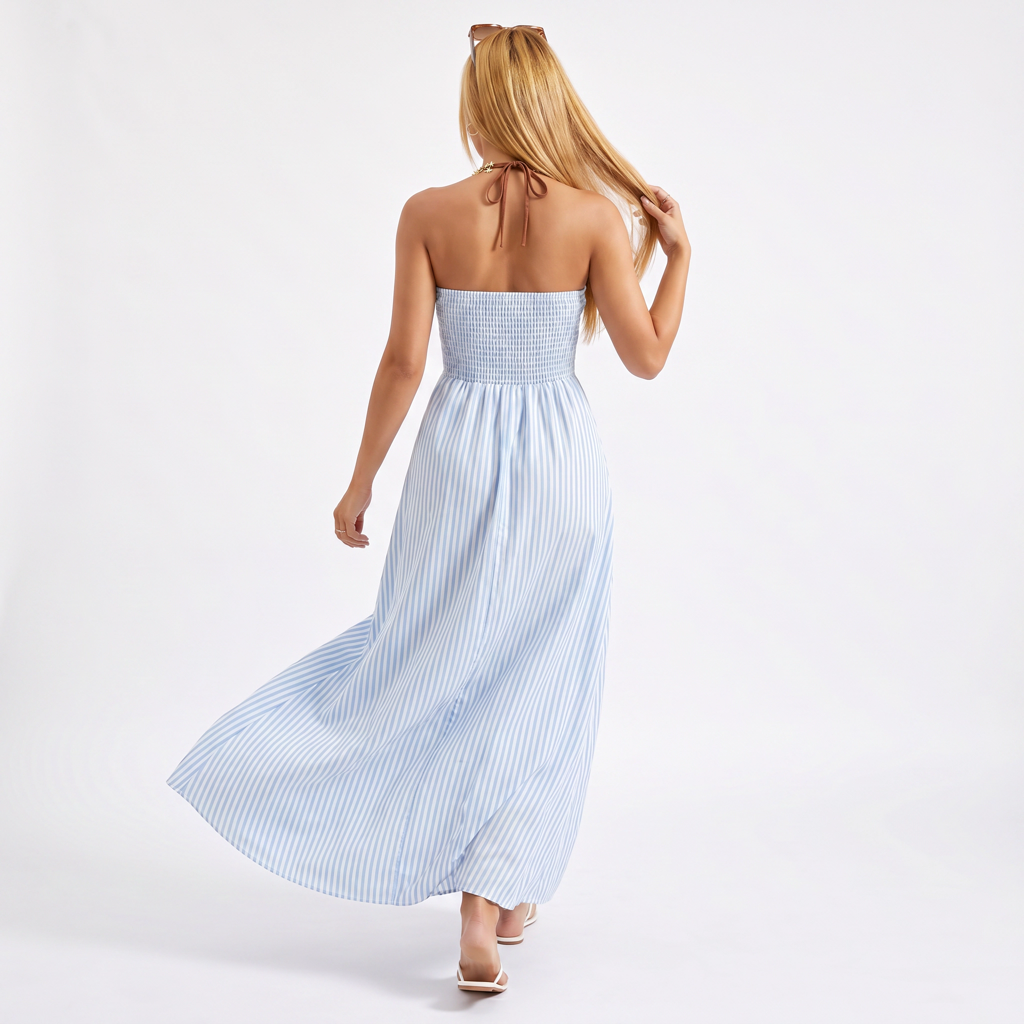 Anna-Kaci Women's Halter Deep V Cut-out Striped Empire Waist Maxi Dress