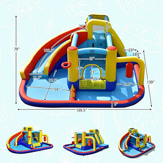 LJG Kids 7-in-1 Inflatable Water Slide with 735W Air Blower and Splash Pool