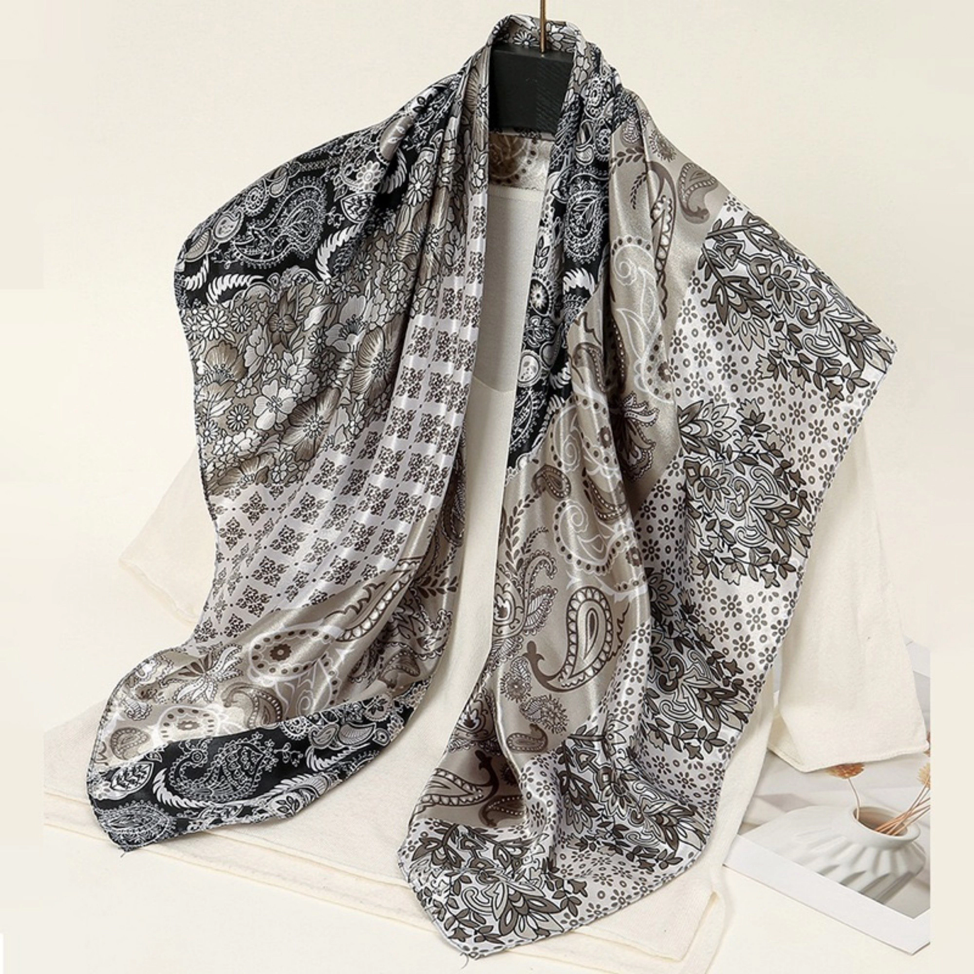 Anna-Kaci Women's Paisley Print Satin Square Scarf with Dual-Tone Design 35.5x35.5in
