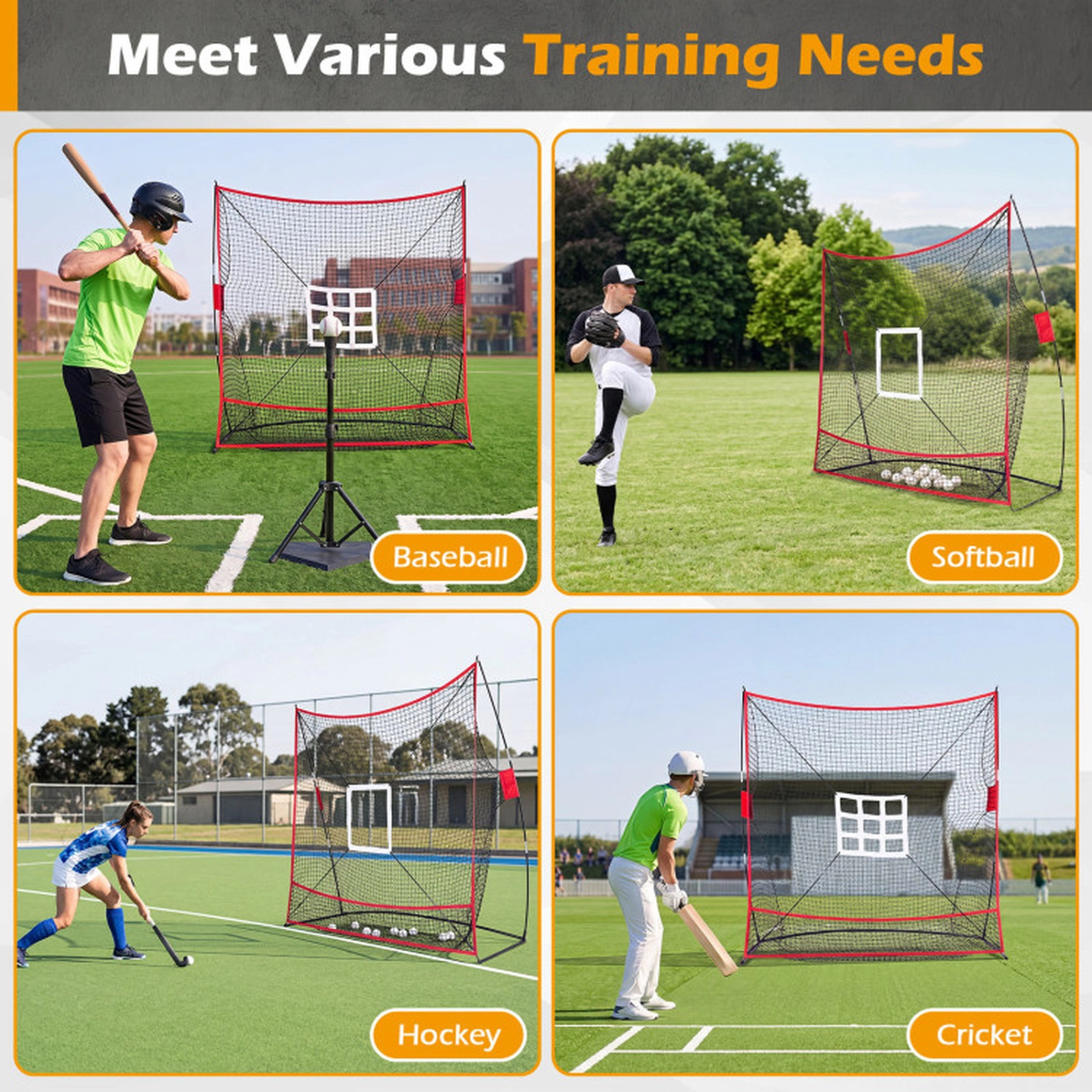 SUGIFT Black Baseball Practice Net with 2 Strike Zone Targets and Ball Collection Base 7-ft W 3-ft D 7.4-ft H