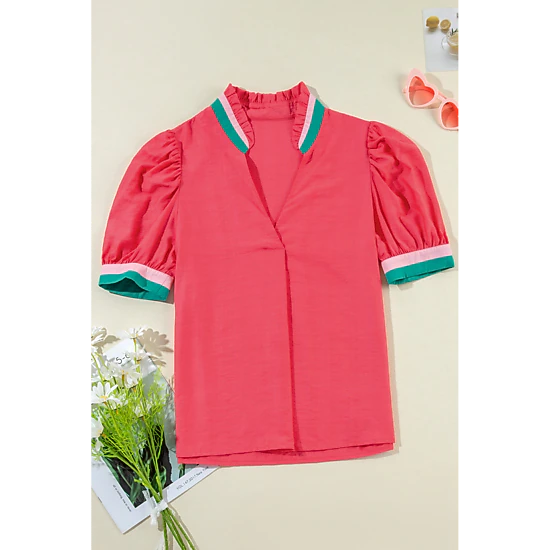 Threaded Pear Women's Becky V Neck Short Sleeve Blouse, Color