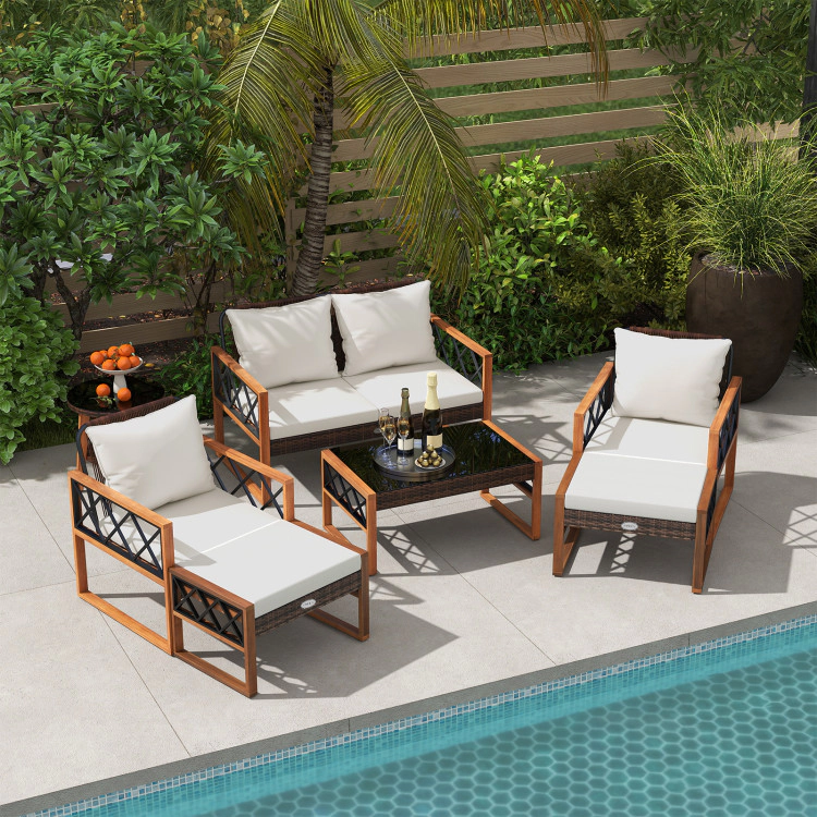 Hivvago 7 Pieces Patio Furniture Set Pe Wicker Acacia Wood Outdoor Conversation Set
