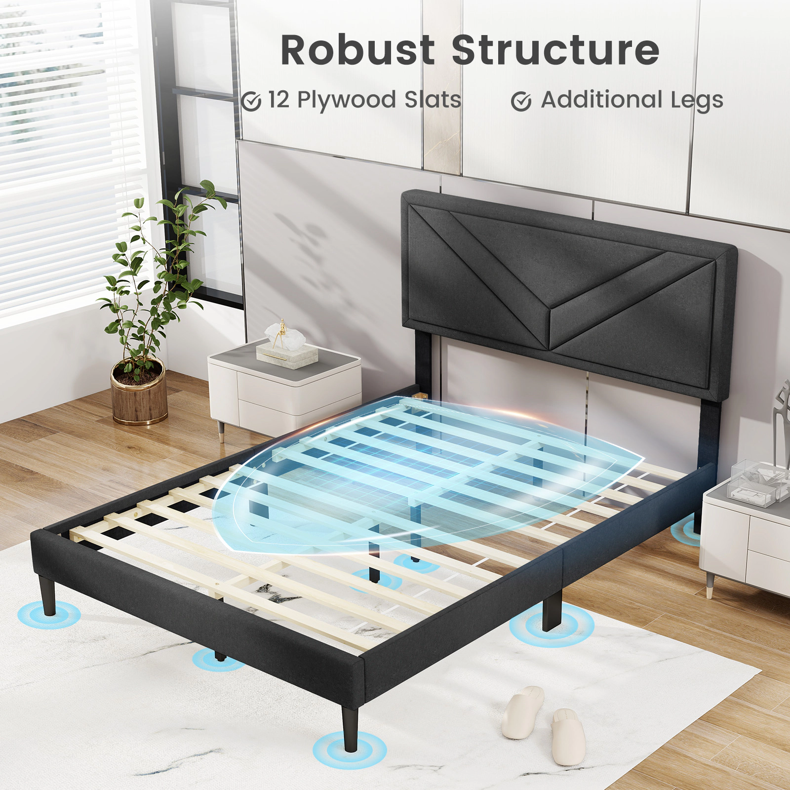 SUGIFT Upholstered Full Size Platform Bed Frame with Tufted Headboard and Wooden Slats 800-lb Capacity Gray