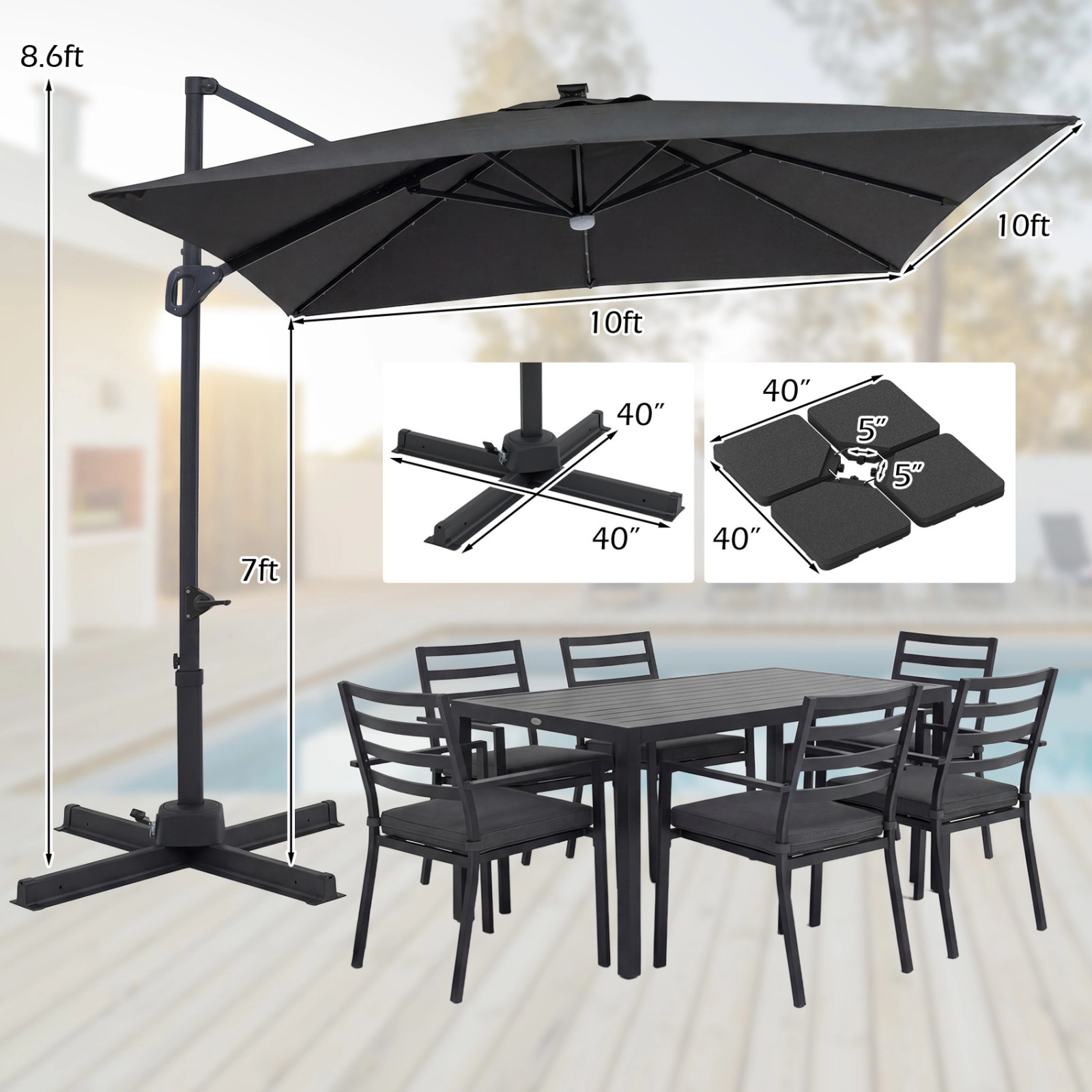 SUGIFT Gray 32 Solar LED Lights and 220 LB Base 10 FT Square Cantilever Patio Umbrella