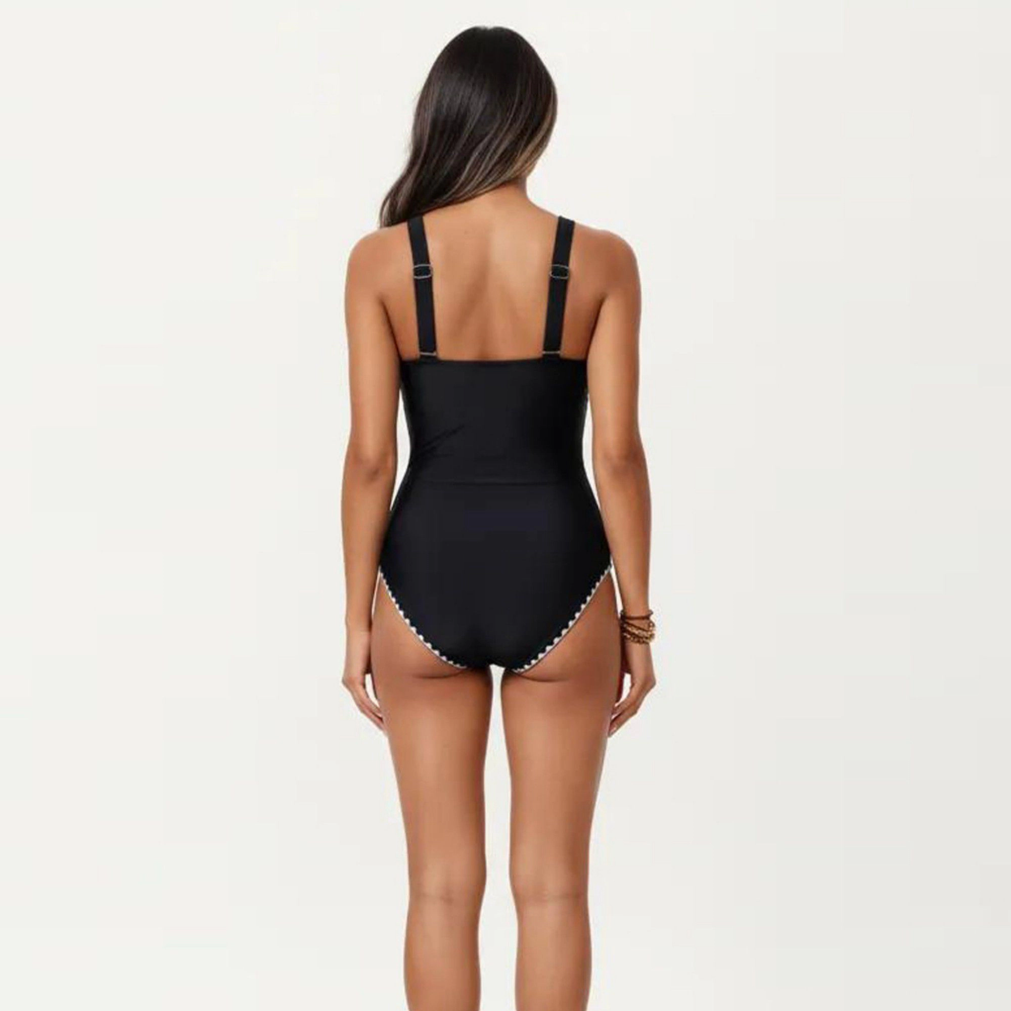 Anna-Kaci Women One Piece Swimsuit - Deep V Neck, Textured Waistband, Contrast Trim