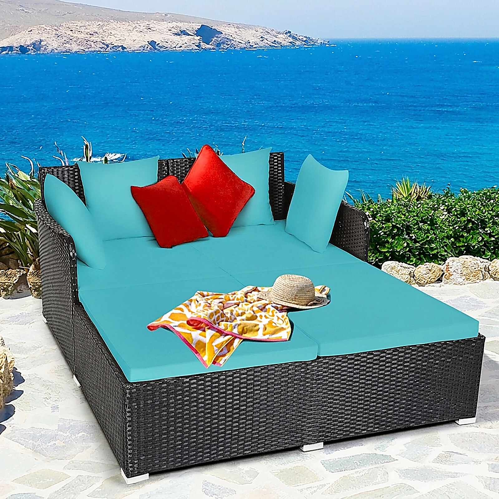 SUGIFT Turquoise Rattan Outdoor Daybed, 800-lb Capacity, 2-Person, Curved Backrest