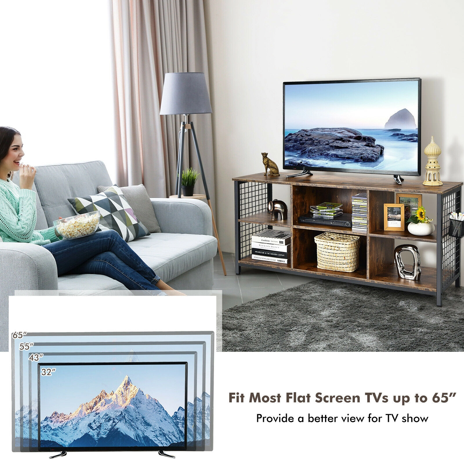 LJG Mid-Century Wooden TV Stand with Storage Basket for TVs up to 65 Inch