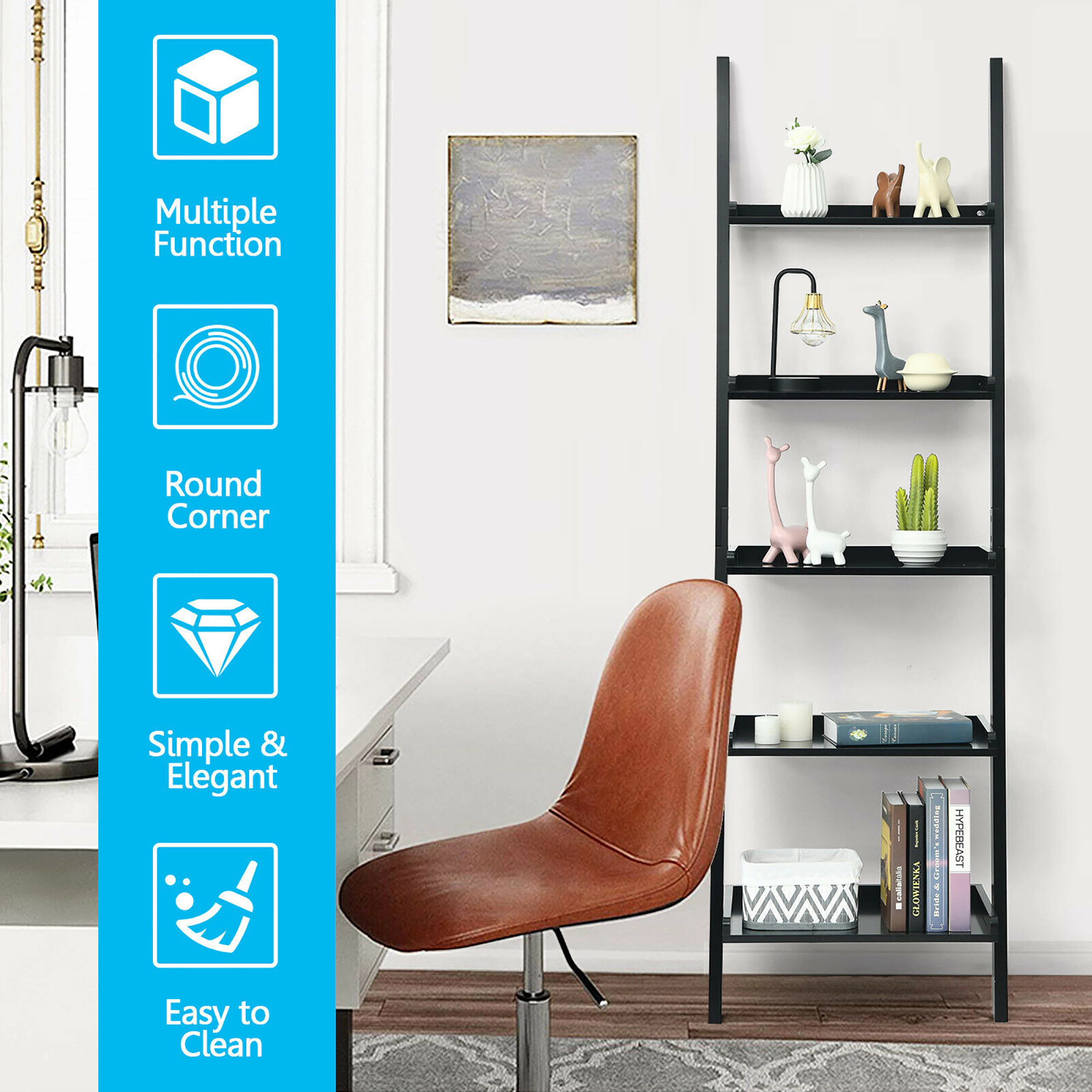 Costway Versatile White 5-Tier Bookshelf Leaning Wall Shelf Ladder  Bookcase