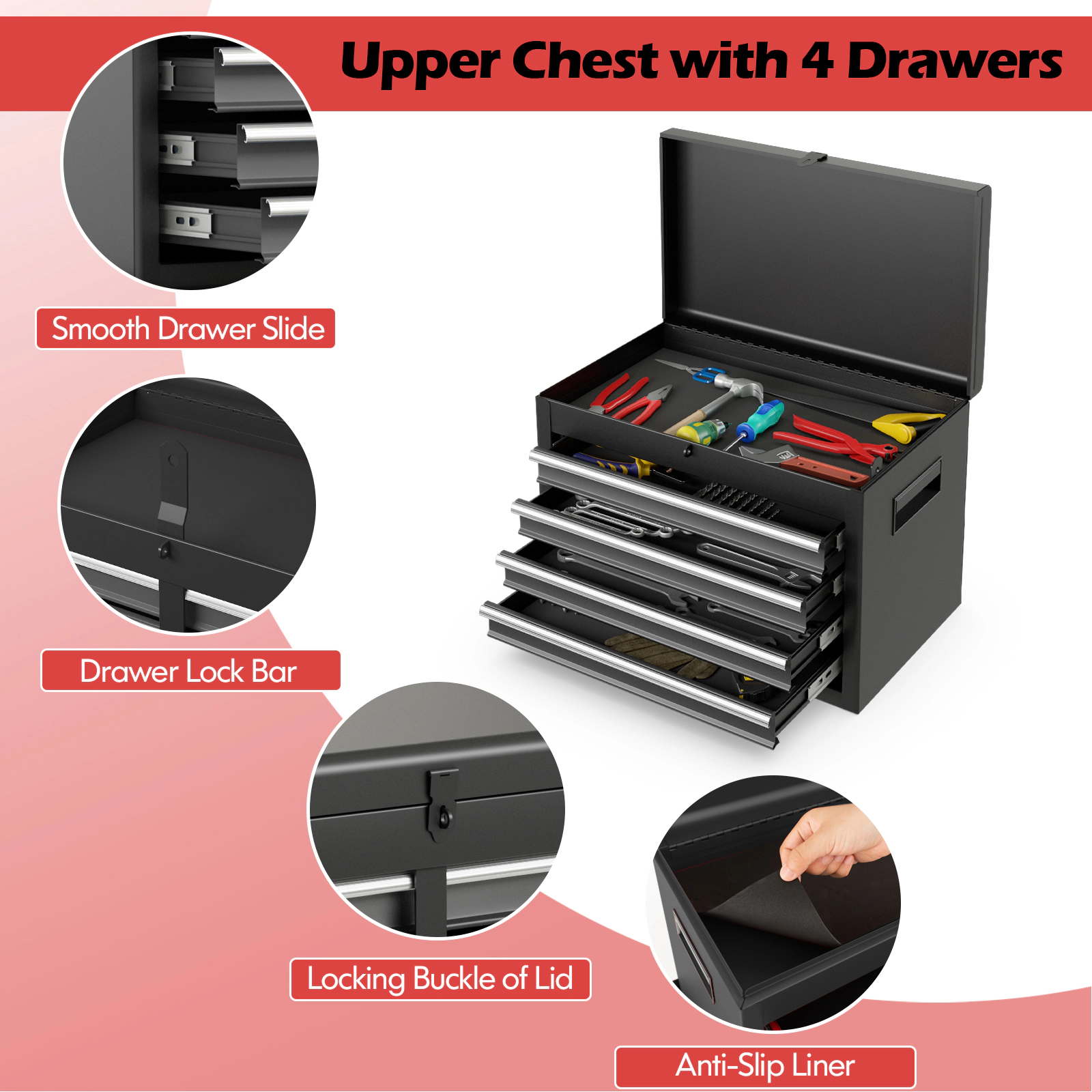 SUGIFT 2-in-1 Rolling Steel Tool Chest with 5 Sliding Lockable Drawers 220.5-lb Total Capacity Black & Gray