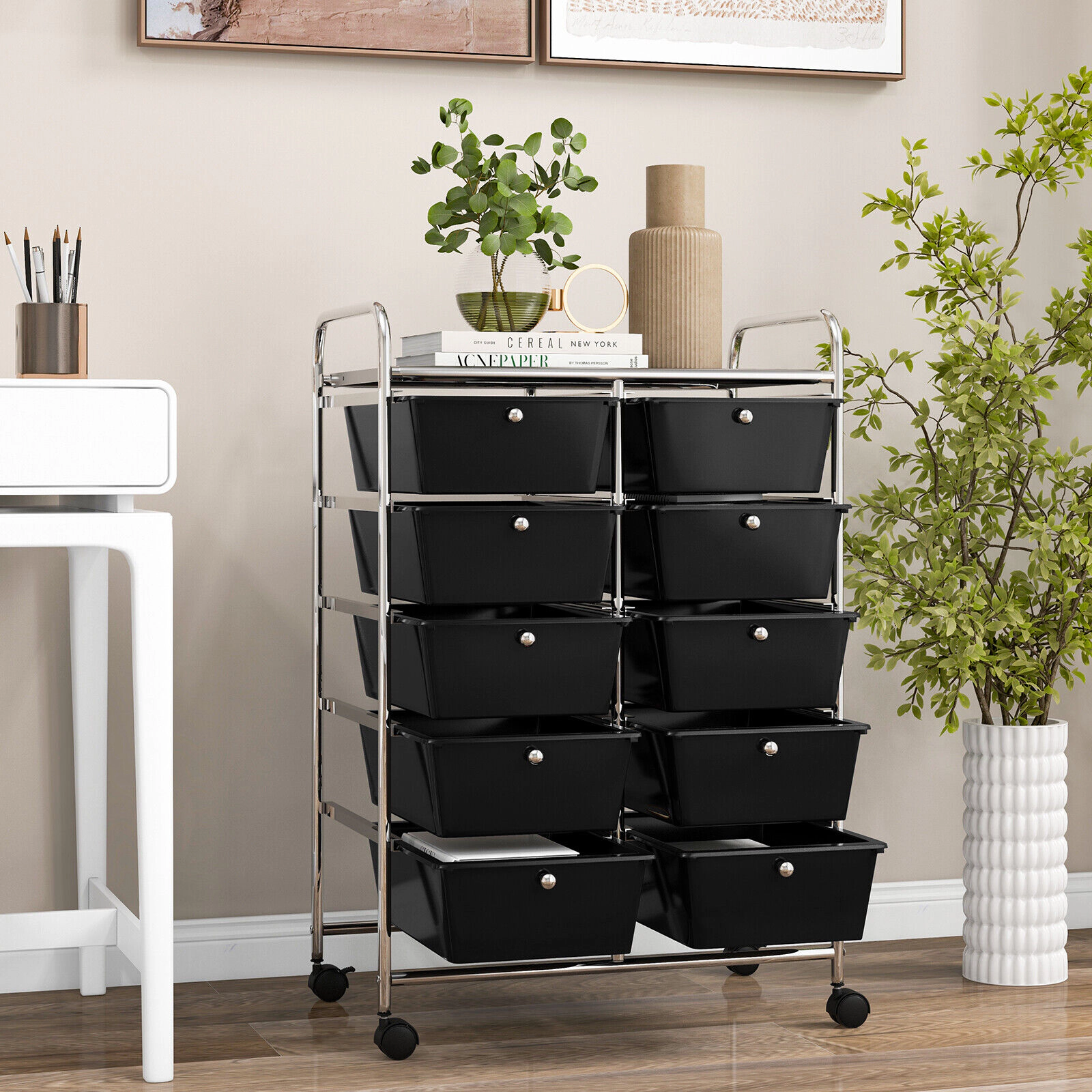 SUGIFT 10-Drawer Rolling Storage Cart with Mesh Top Platform 22-lb Top Capacity 5.5-lb Drawer Capacity As Picture Shown