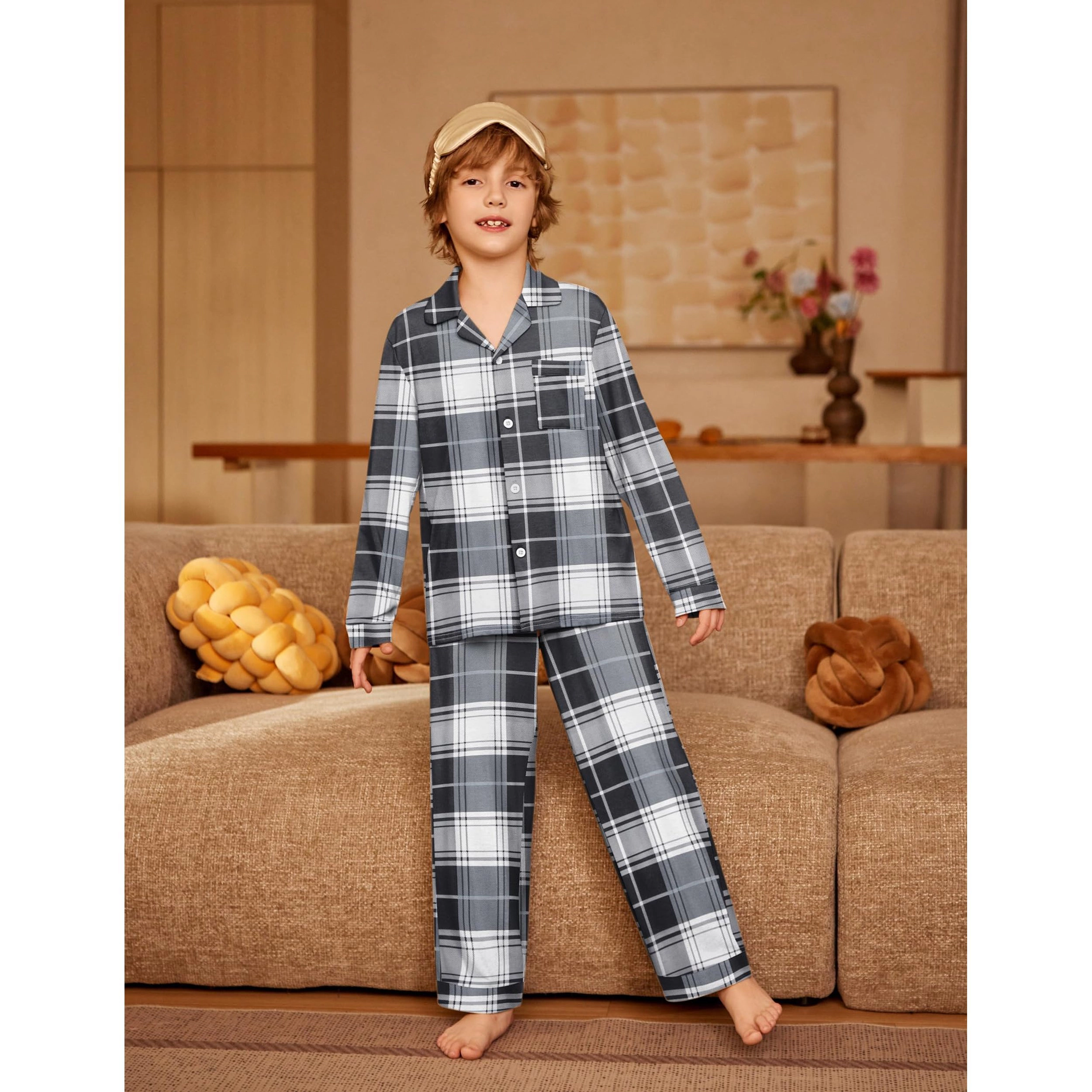 Arshiner Boys Pajamas Set Long Sleeve Buttondown Sleepwear Piece For