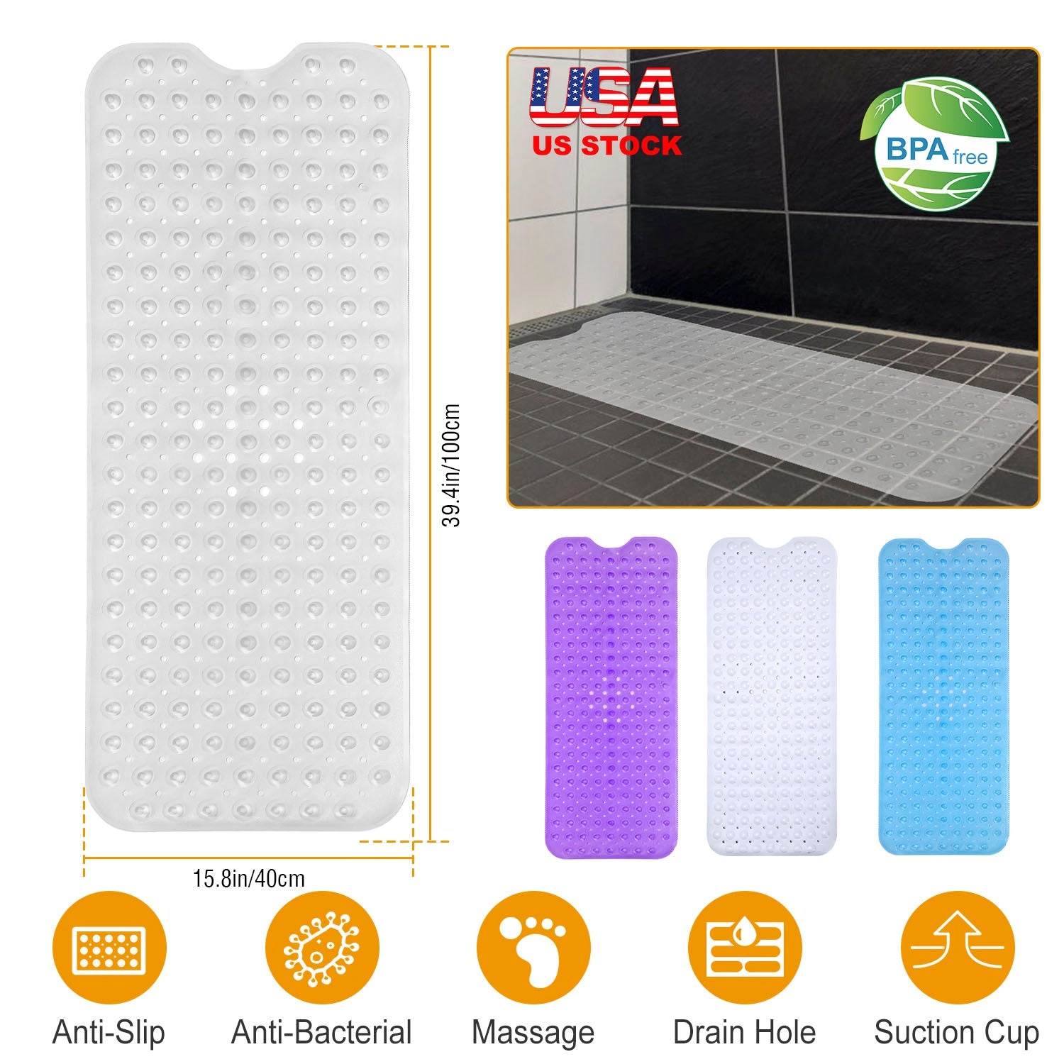 GBruno Non-Slip Massage Bath Tub Mat With Suction Cups