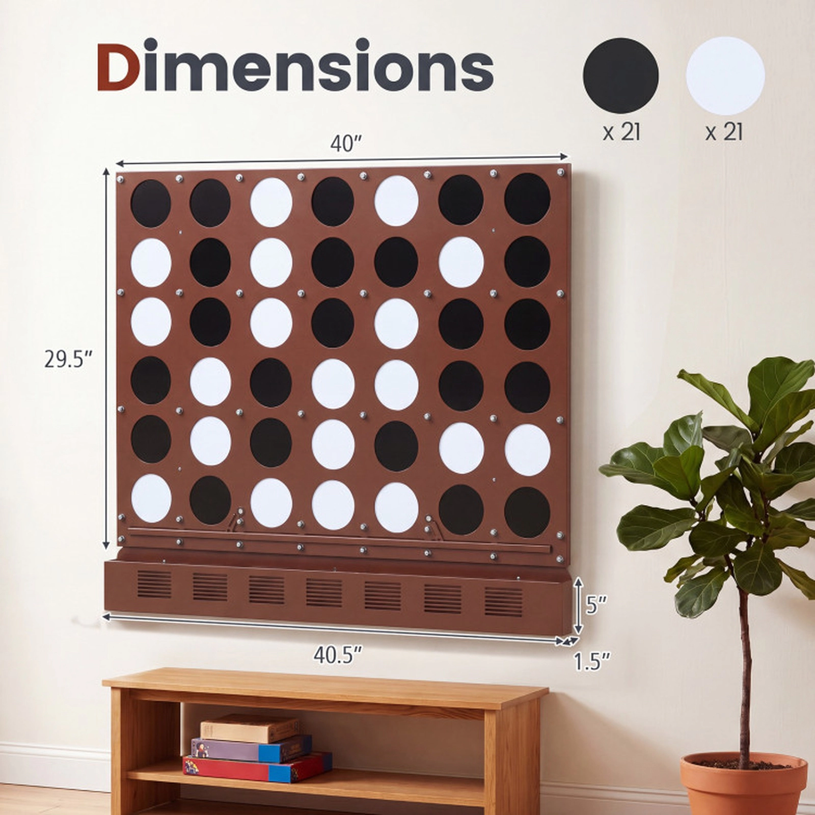 SUGIFT Walnut Jumbo 4-in-a-Row Wall Mounted Game with Acrylic Discs and Metal Frame 40.5-in W 1.5-in D 34.5-in H