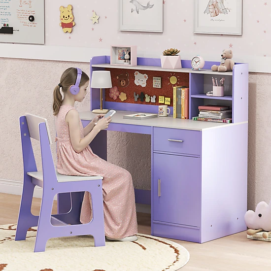 SUGIFT Kids Student Desk and Chair Set, 43-in Table with Cork Board, Drawer and Storage Cabinet, Purple