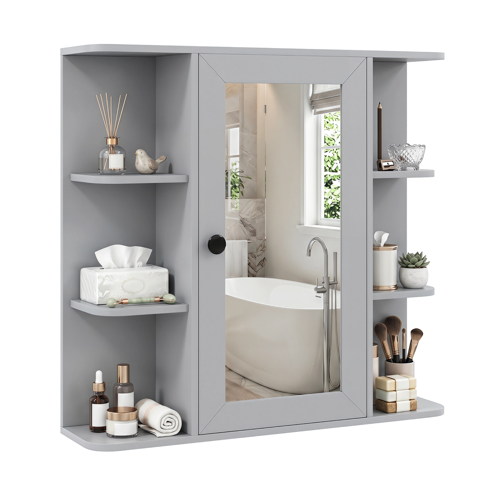 Glintex Wall-Mounted Medicine Cabinet with Mirrored Door and 6 Open Shelves