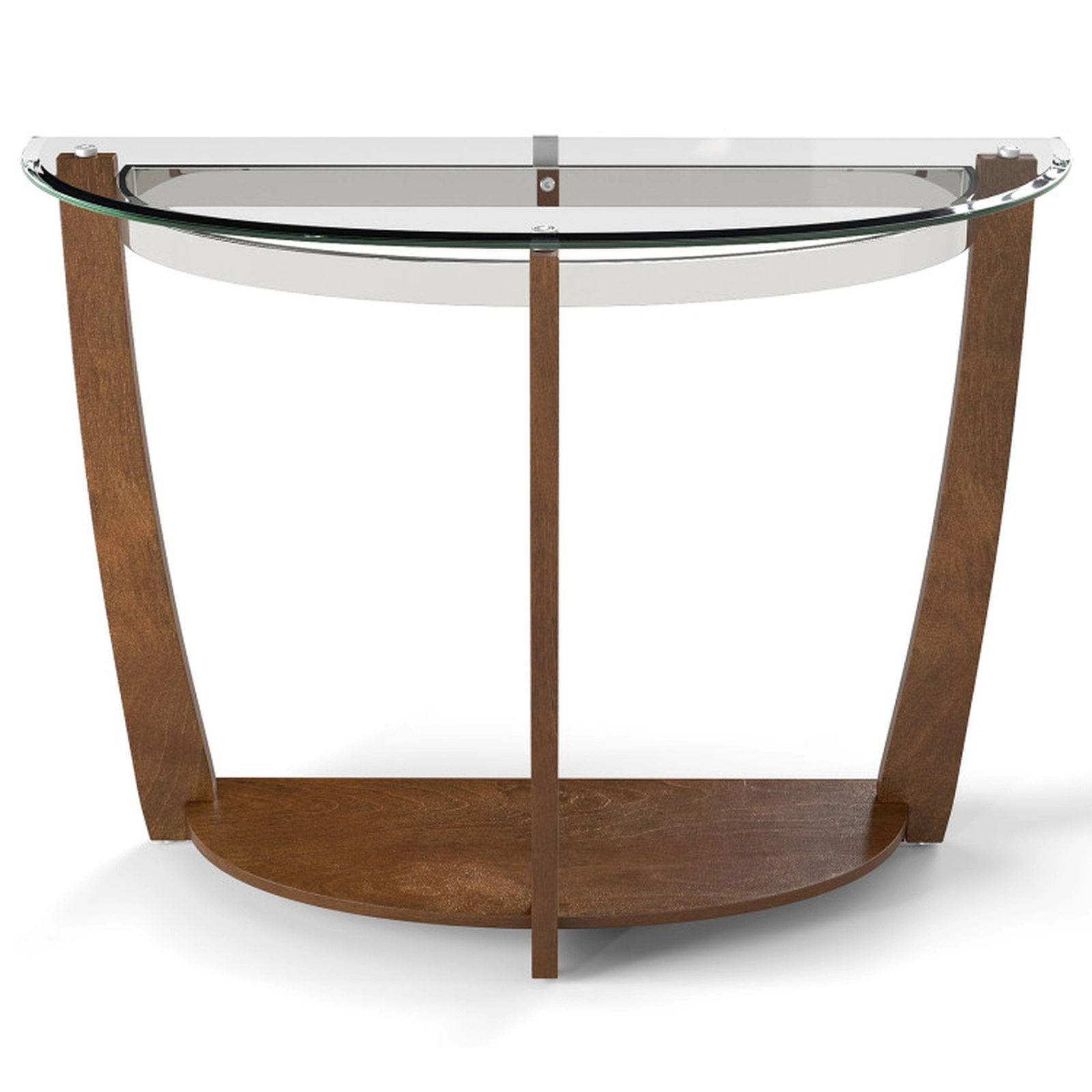 SUGIFT 2-tier Tempered Glass Console Table Half-Moon Top 300-lb Tabletop Capacity 200-lb Shelf Capacity Black/Walnut