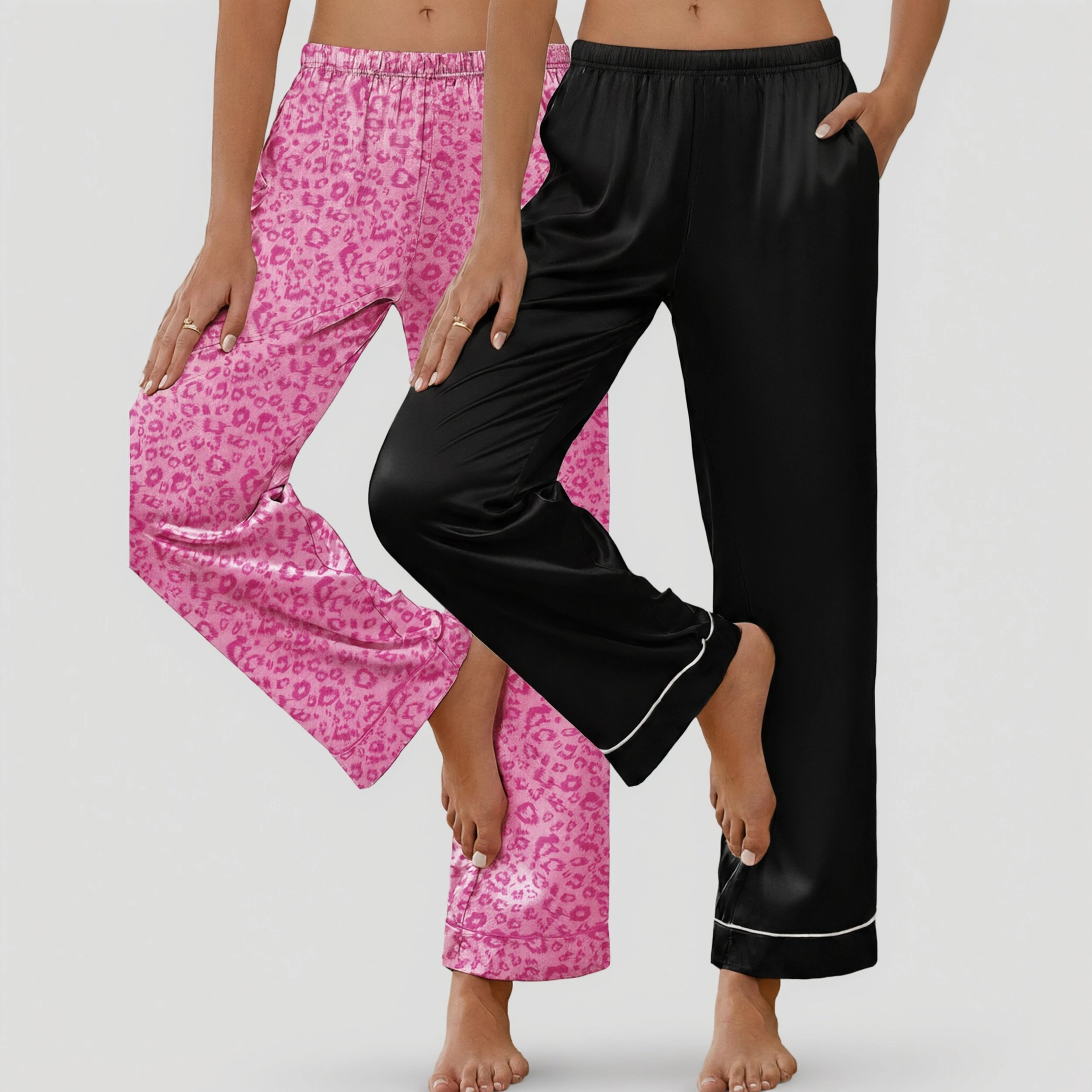 Ekouaer Women's 2 Pack Satin Elastic Waist Wide Leg Pajama Pants