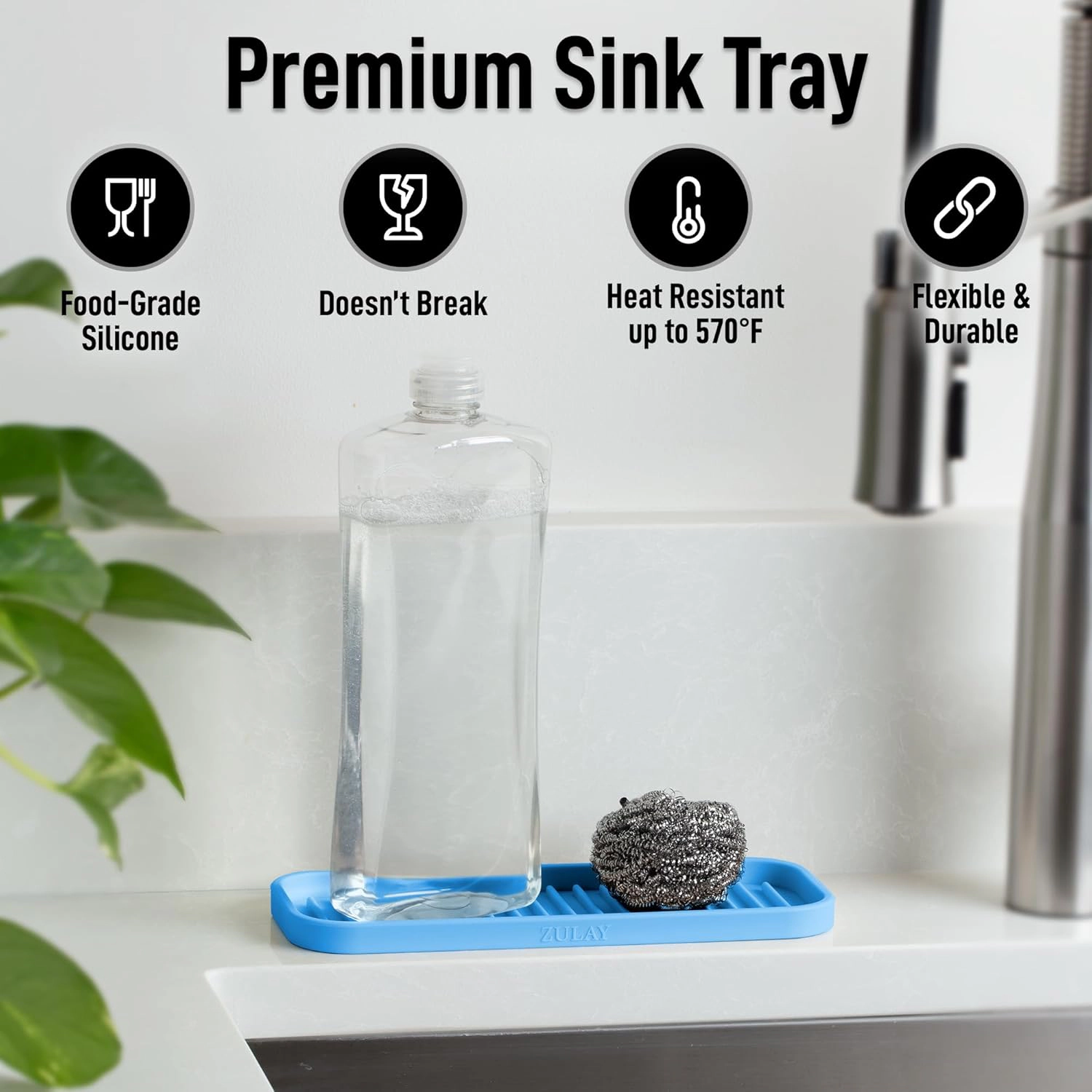 Zulay Kitchen Silicone Sponge Holder for Sink - Flexible Multipurpose Soap Tray
