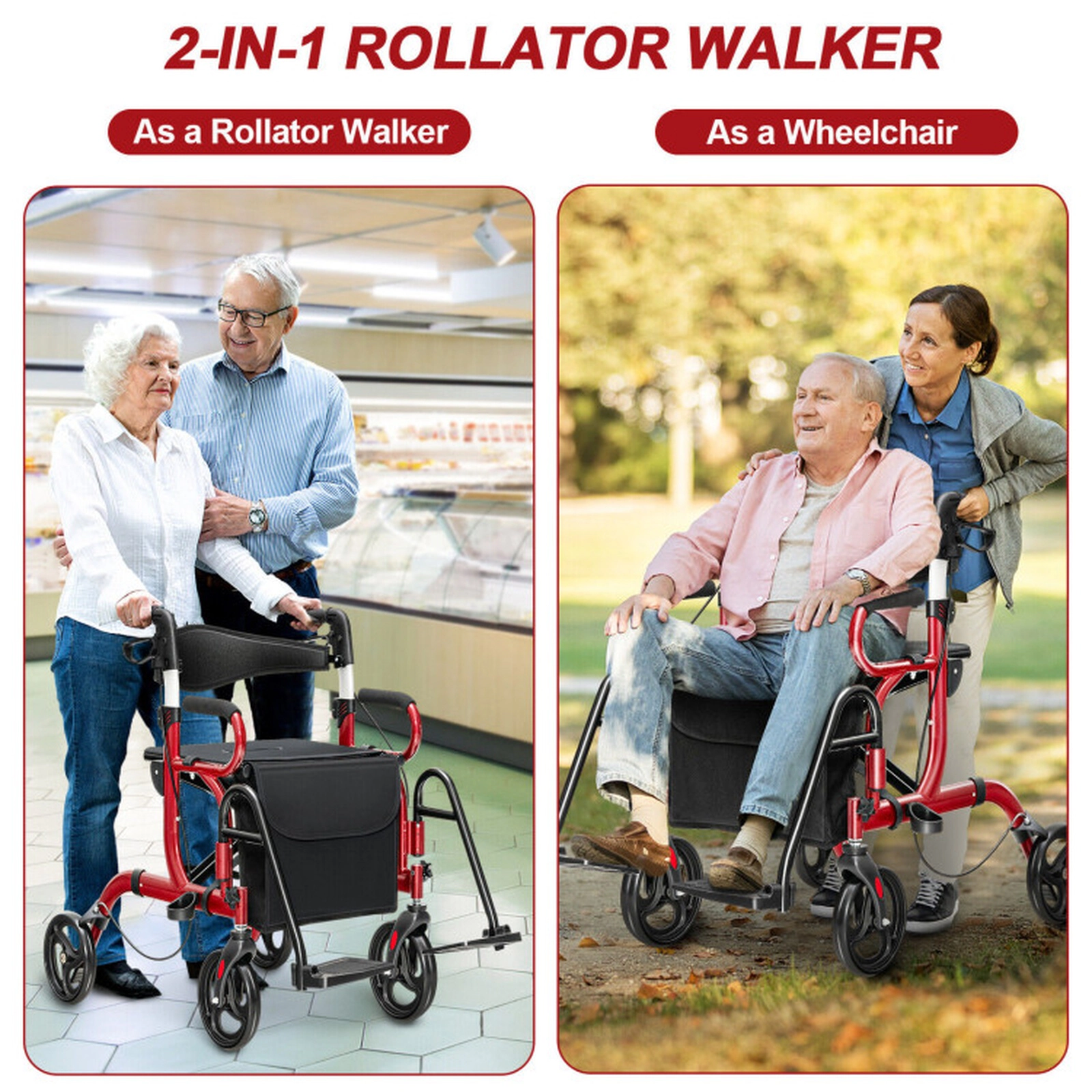 SUGIFT Red Folding Rollator Walker with Padded Seat and 8-in Wheels 41-in W 25-in D 39-in H 350-lb Seat Capacity
