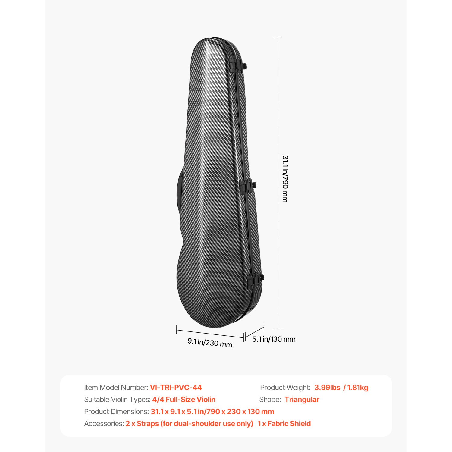 HONGGE 4/4 Full Size Violin Case, Built-in Hygrometer, Lightweight Portable Travel Carrying Bag, with Plush Lining