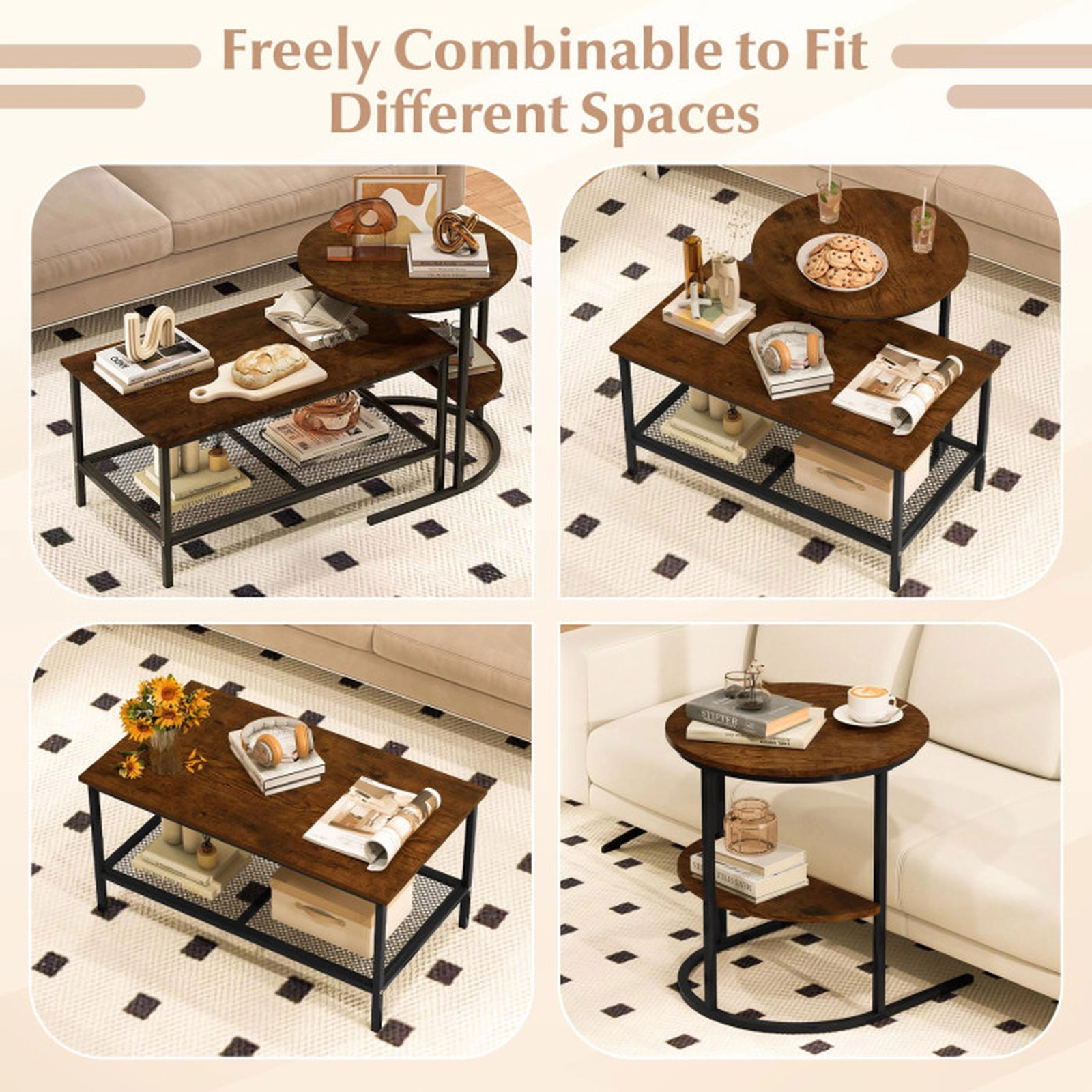 SUGIFT Set of 2 100-lb Capacity 2-Tier Rectangle Coffee Table and Round Side End Table with Mesh Shelf