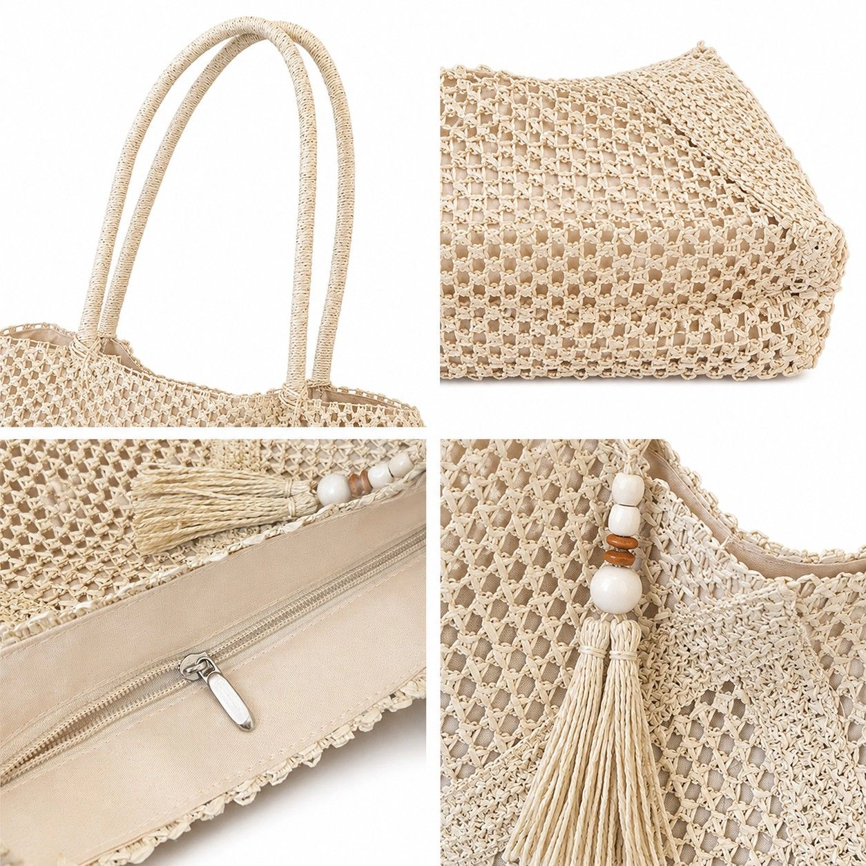 Alilang Women's Open Weave Beach Tote Bag with Zip Closure Rope Handles and Tassel Accent, Beige