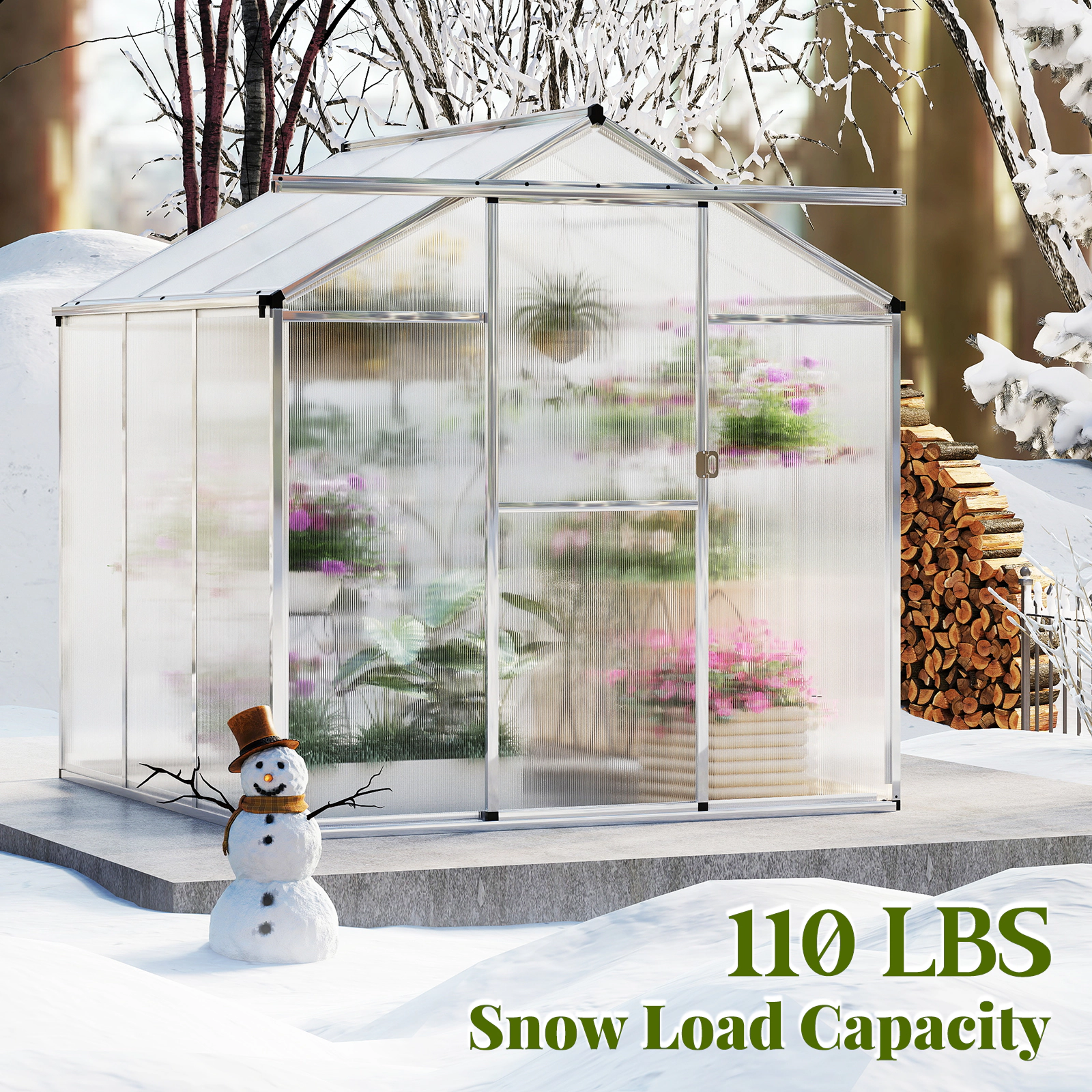 SUGIFT Large Walk-in Polycarbonate Greenhouse with Rain Gutters 6.5-ft Tall Transparent+Silver