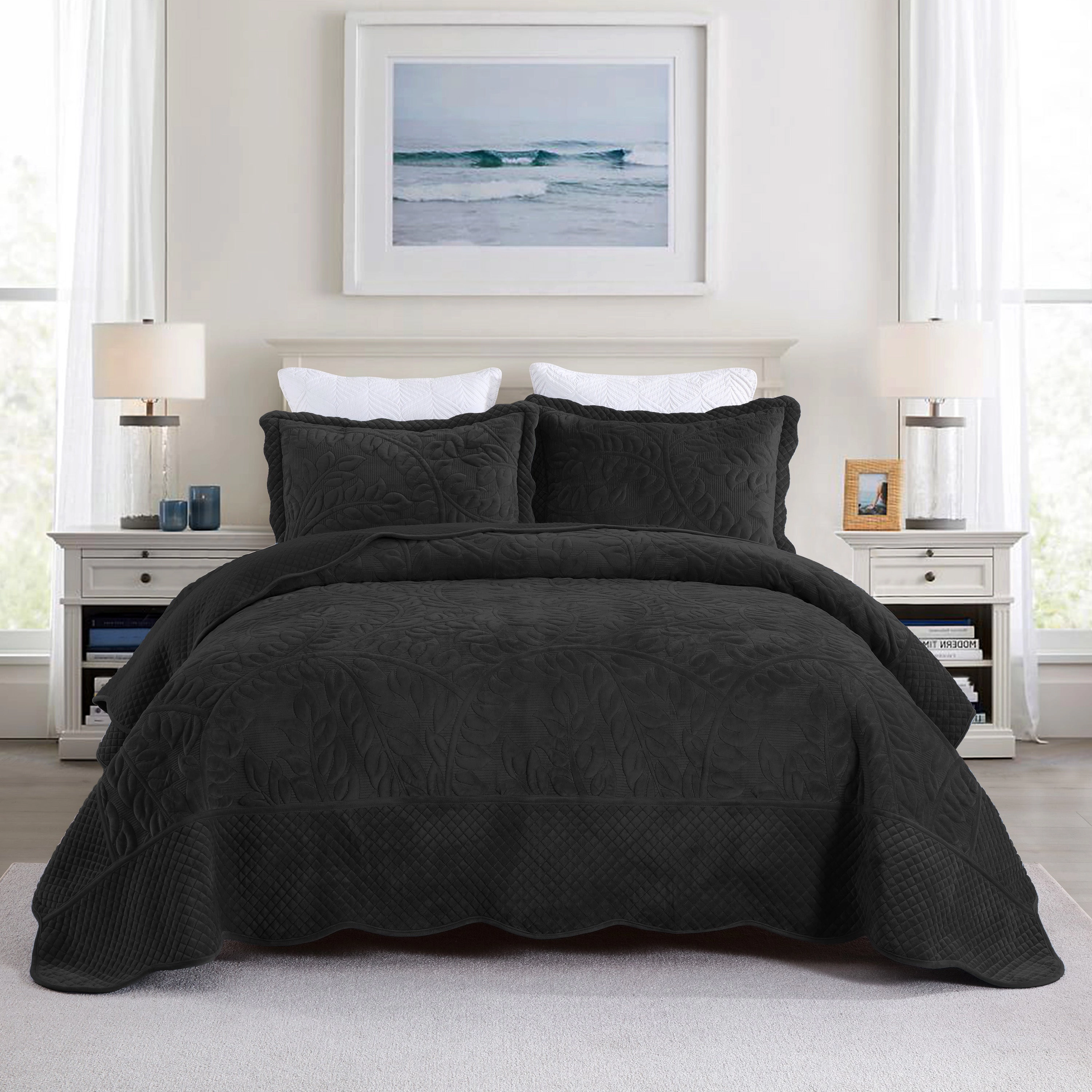 MarCielo 3 Piece Luxury Velvet Quilt Bedspread Set,Solid Leaf Coverlet with 2 Pillowshams