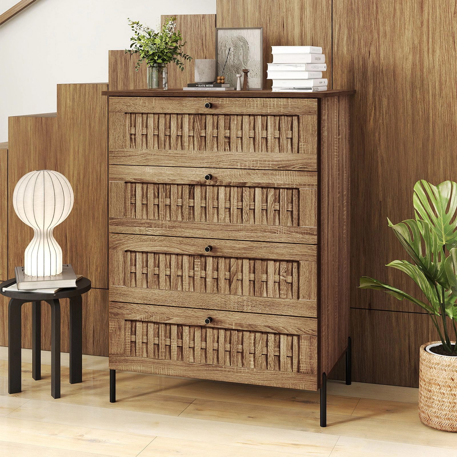 SlickBlue 4-Drawer Bedroom Dresser with Rattan Texture & Metal Legs