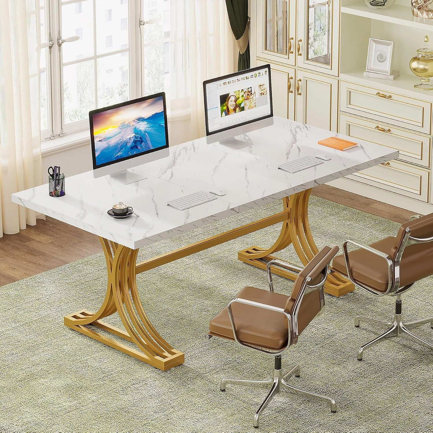 Tribesigns Modern Wood Computer Desk with Marble Top