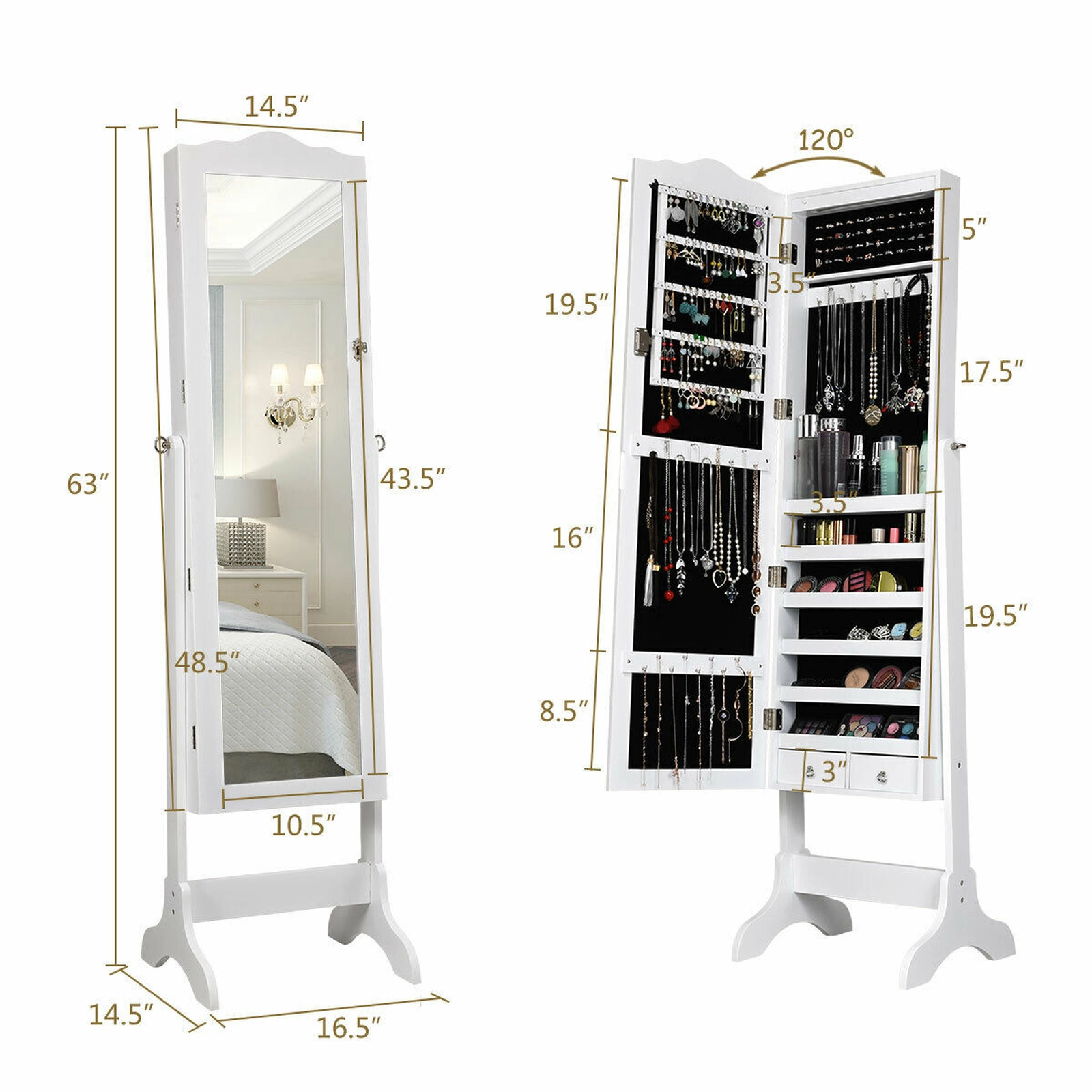SUGIFT White 14-LED Jewelry Armoire Cabinet with Full-Length Mirror 4 Tilt Angles 48 Ring Slots and 29 Hooks