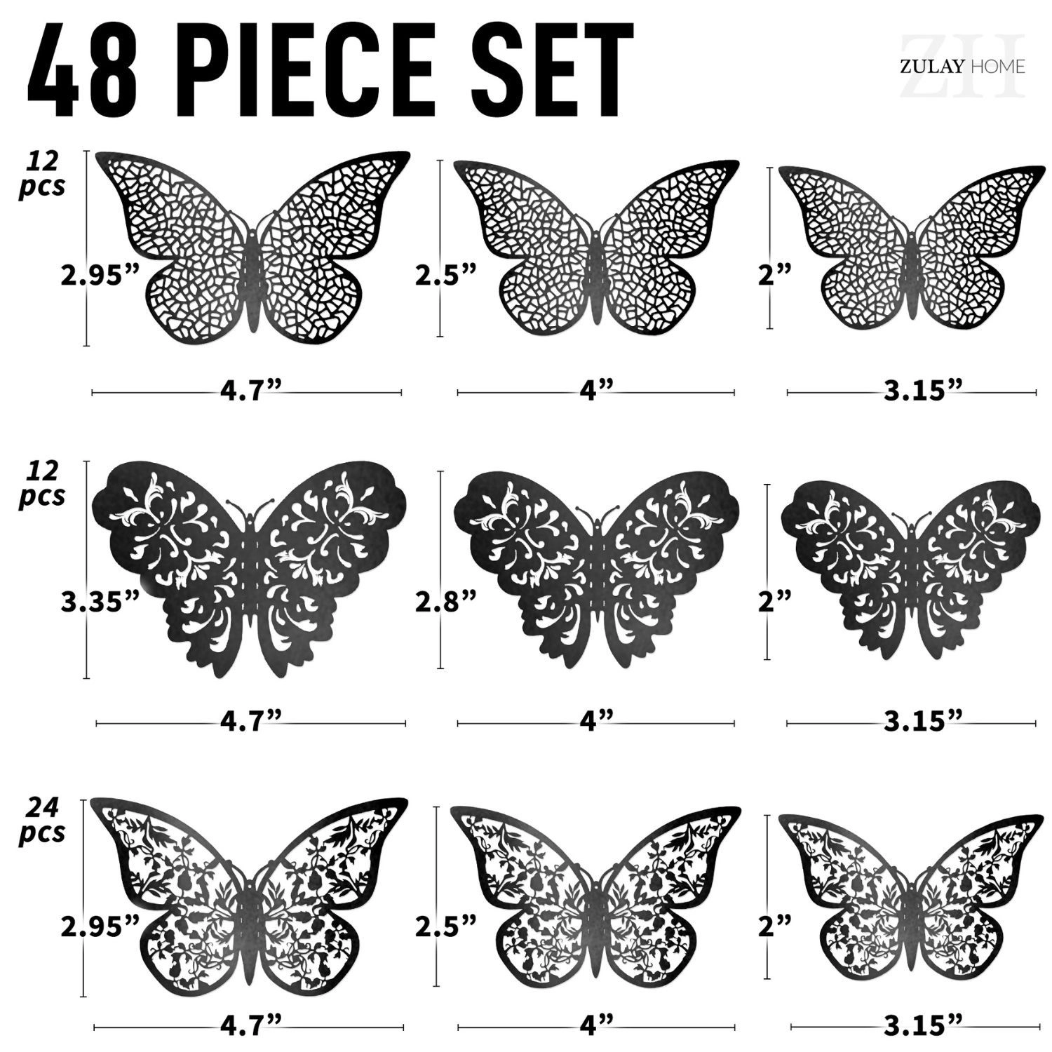 Zulay Home Removable DIY 3D Butterfly Wall Decor - 48pcs with 3 Wing Designs